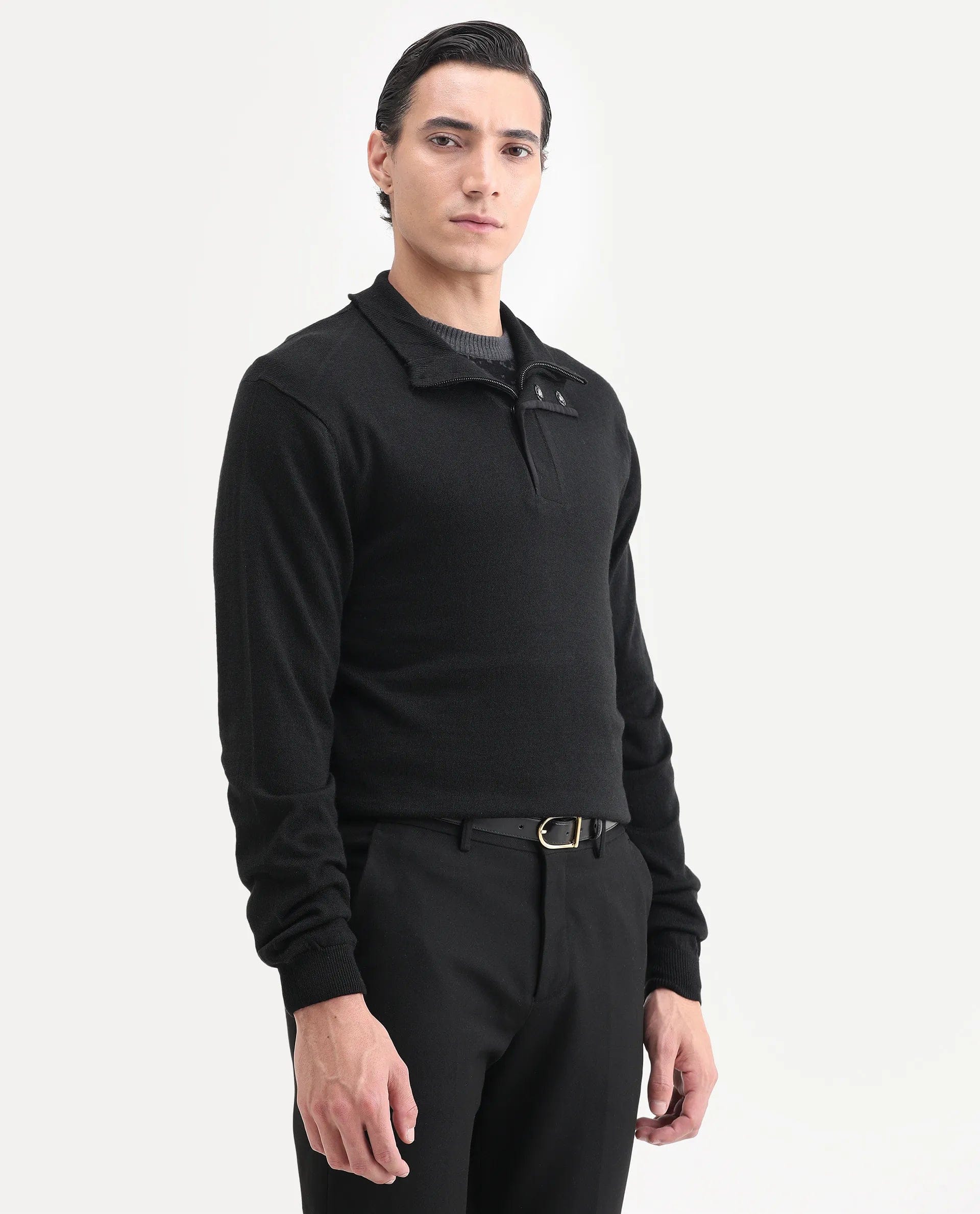 RARE Rabbit Men's Johny - 25 Light Black Acrylic Fabric Full Sleeve High Neck Plain Sweater