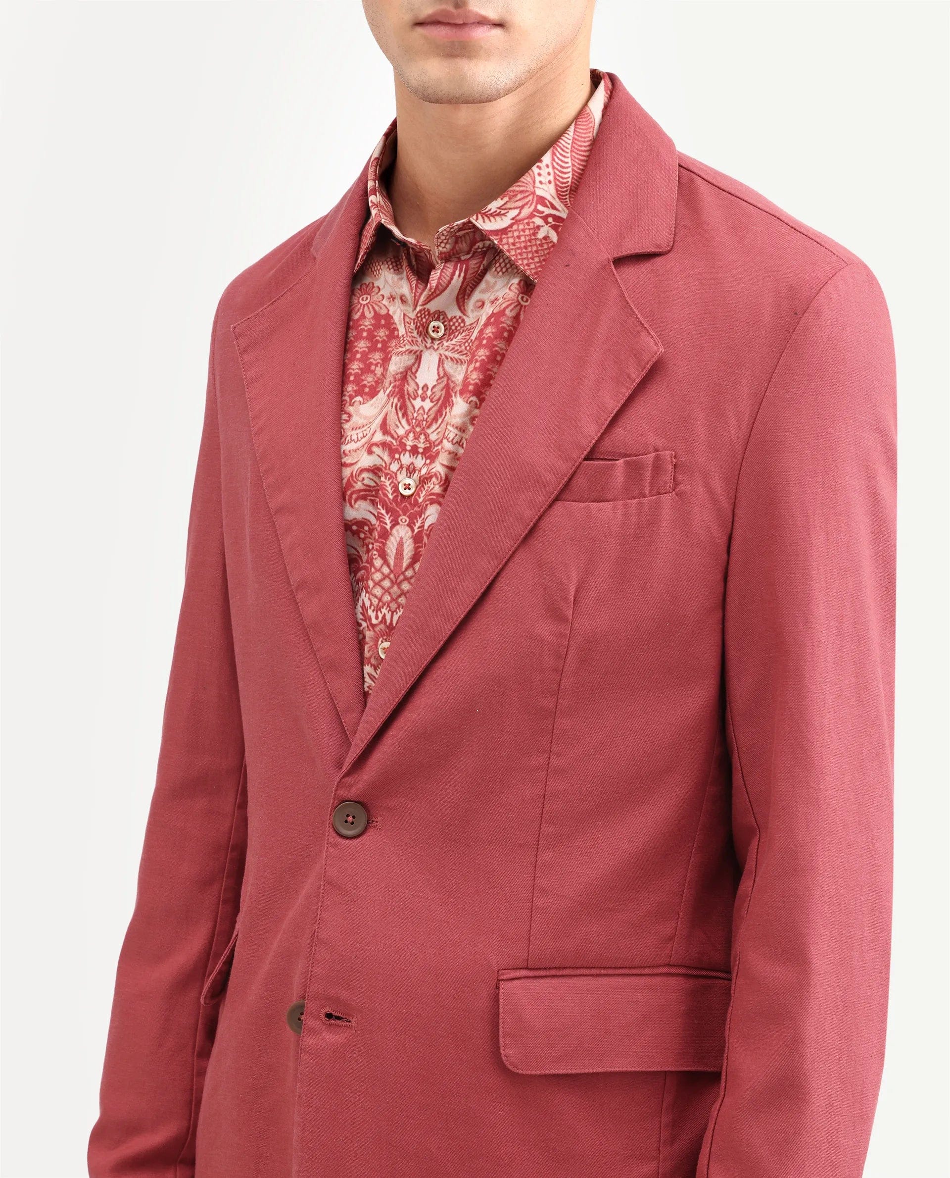 RARE Rabbit Men's Linol Red Linen Blend Fabric Lapel Neck Tailored Fit Plain Blazer