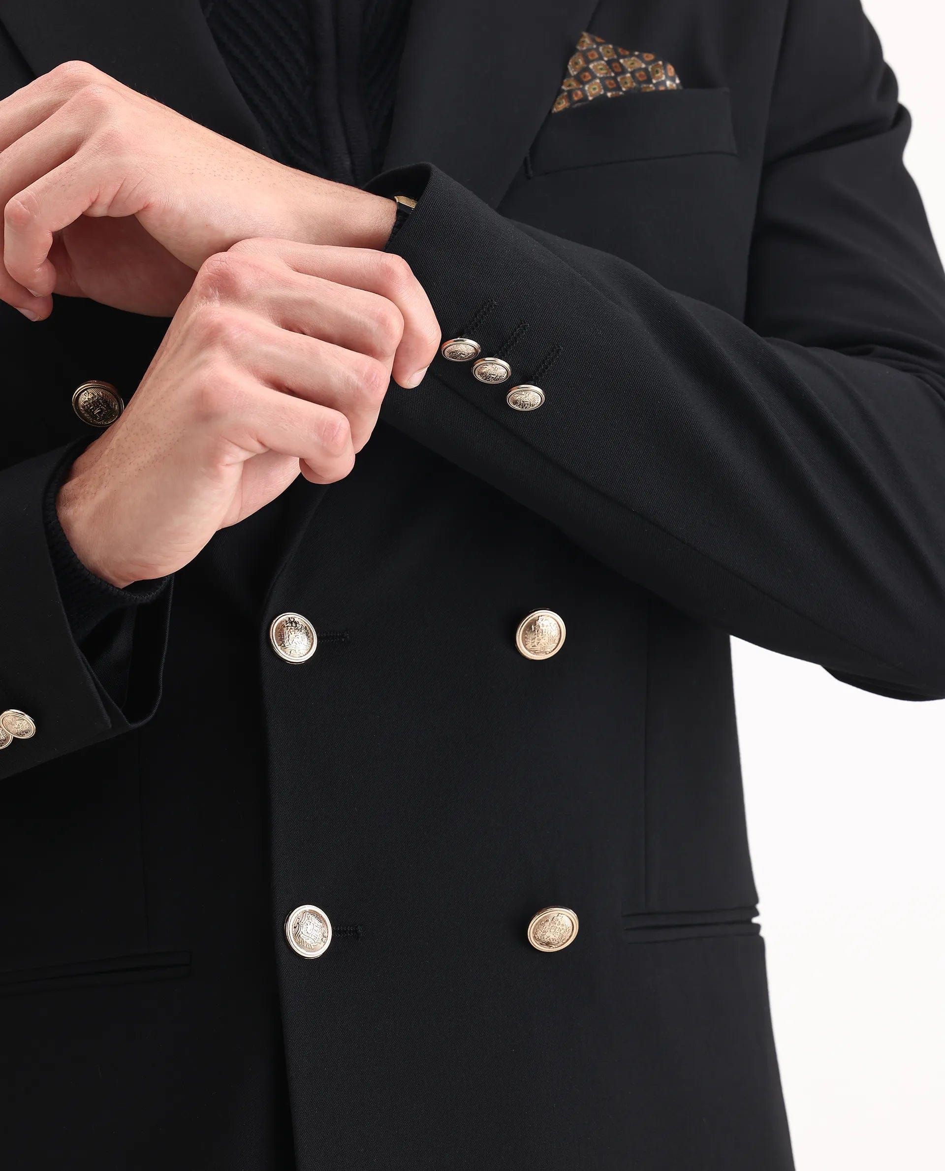 RARE Rabbit Men's Gar Black Polyester Blend Fabric Full Sleeve Lapel Neck Plain Blazer