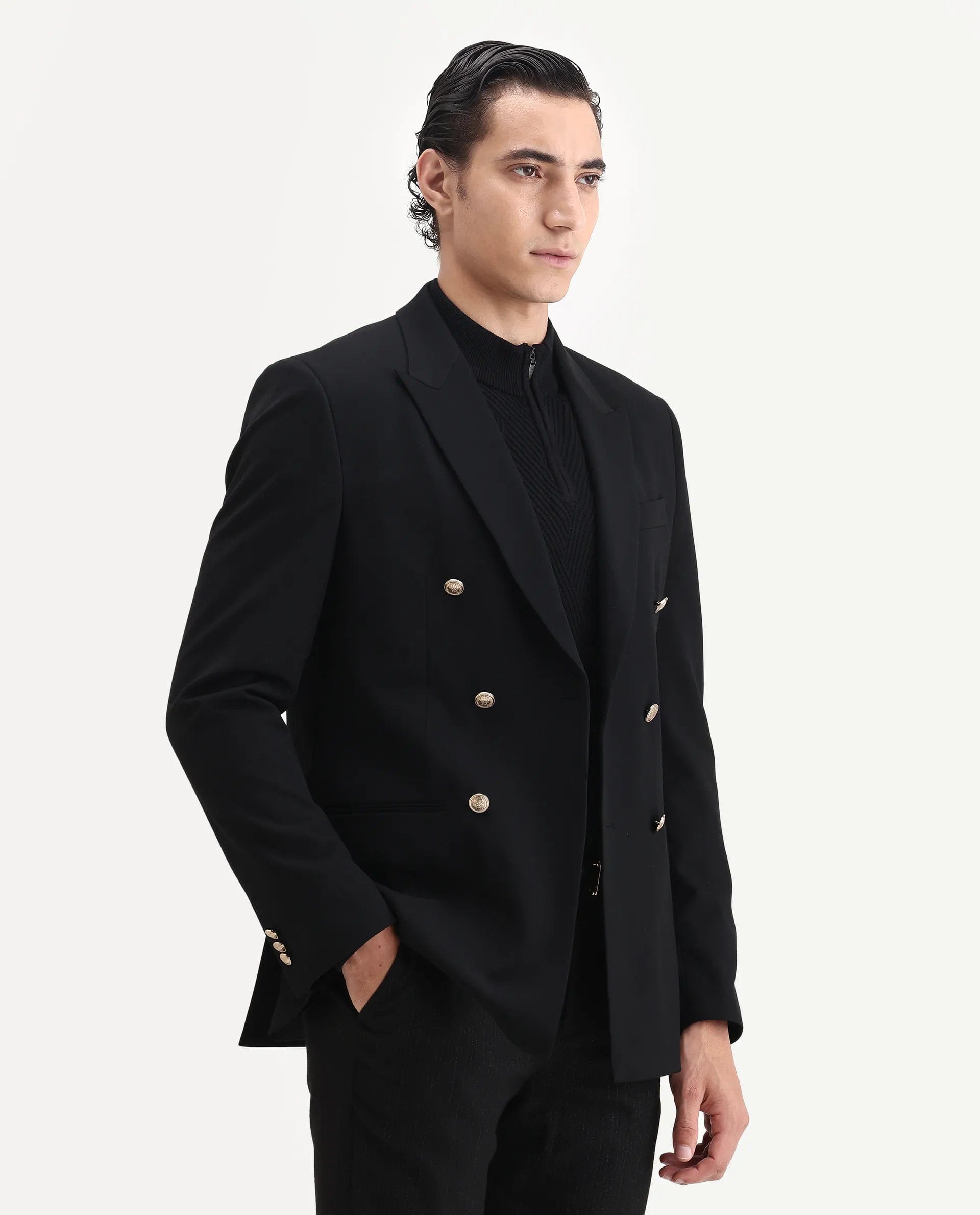 RARE Rabbit Men's Gar Black Polyester Blend Fabric Full Sleeve Lapel Neck Plain Blazer