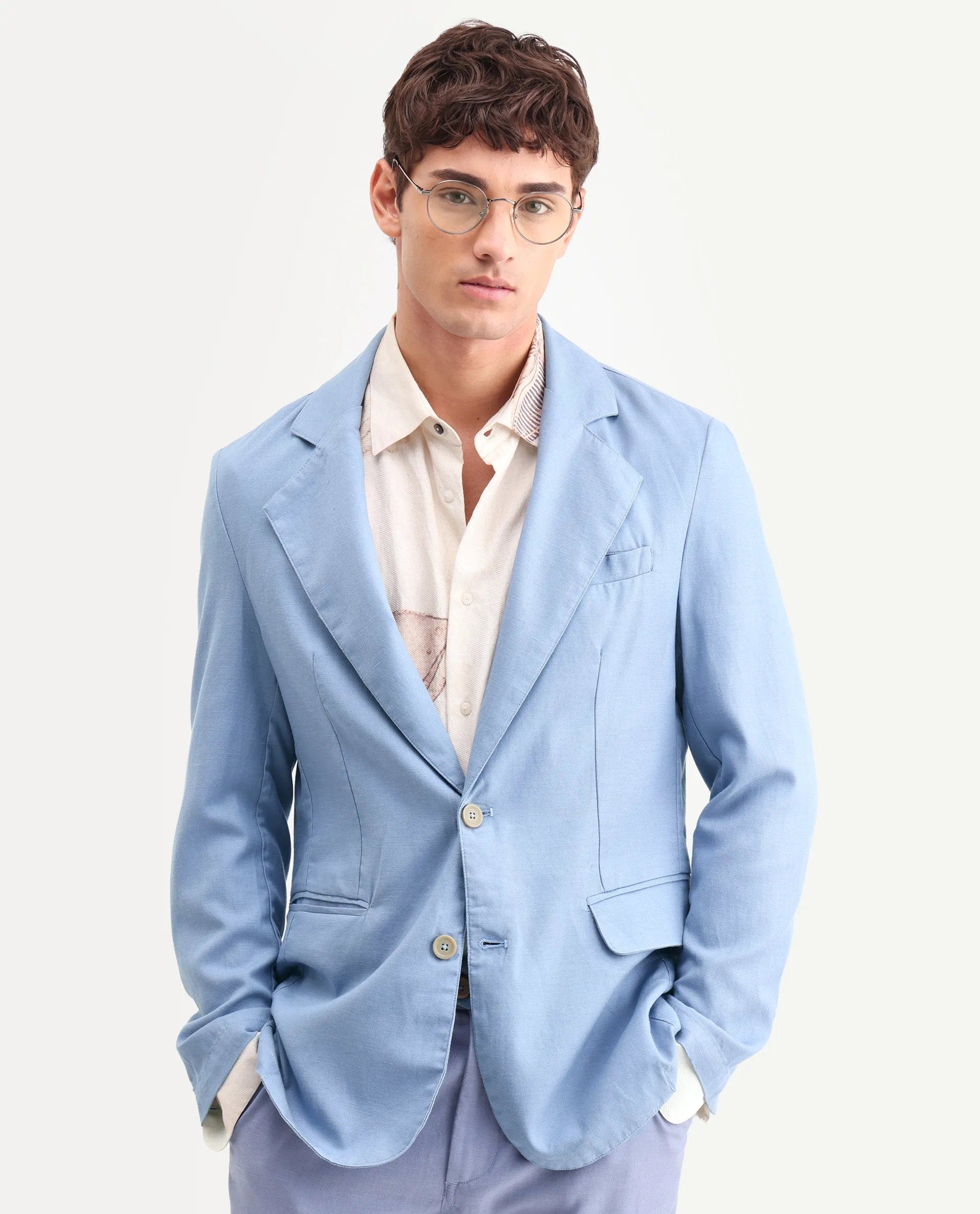 RARE Rabbit Men's Linol Light Blue Linen Blend Fabric Lapel Neck Tailored Fit Plain Blazer