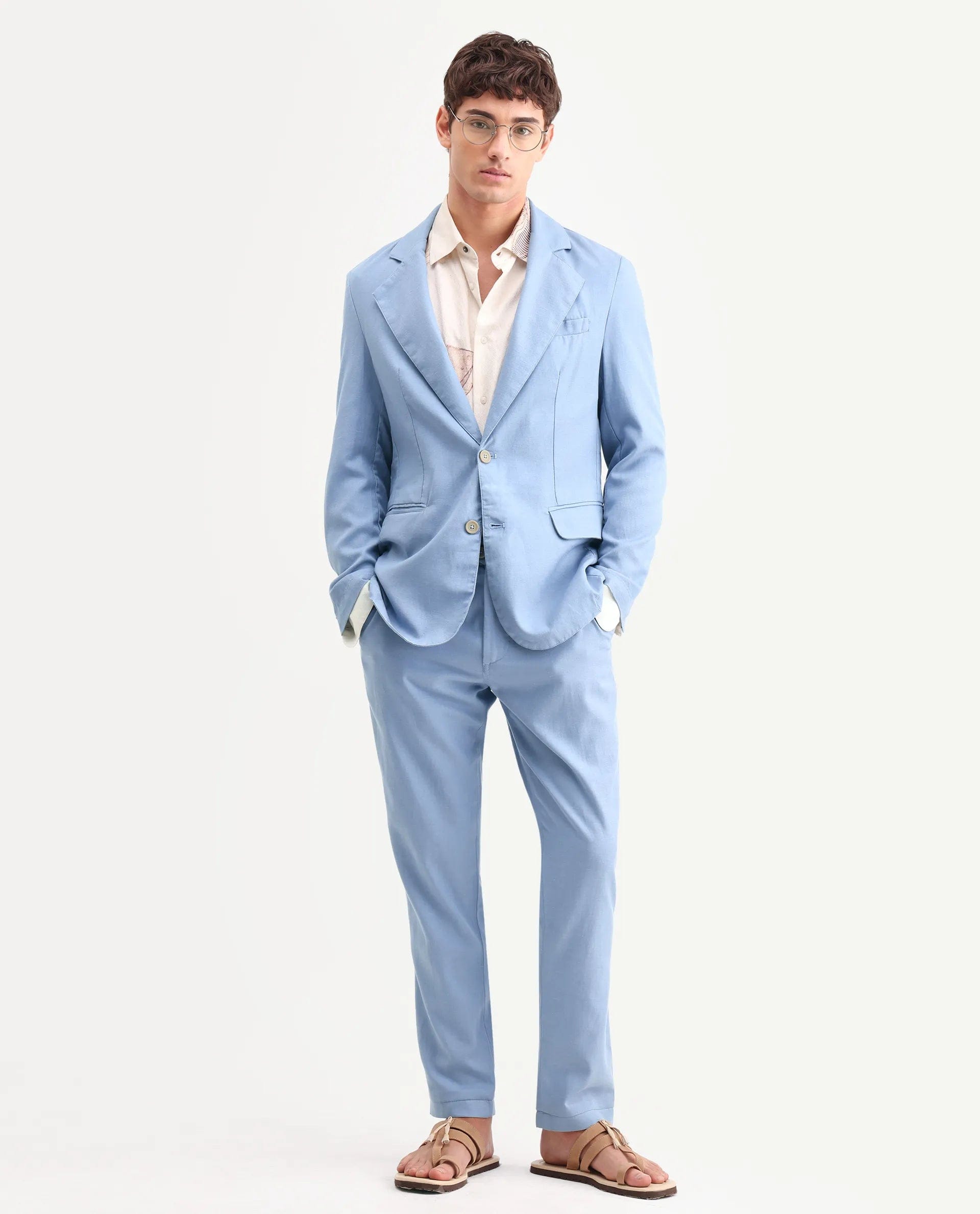 RARE Rabbit Men's Linol Light Blue Linen Blend Fabric Lapel Neck Tailored Fit Plain Blazer