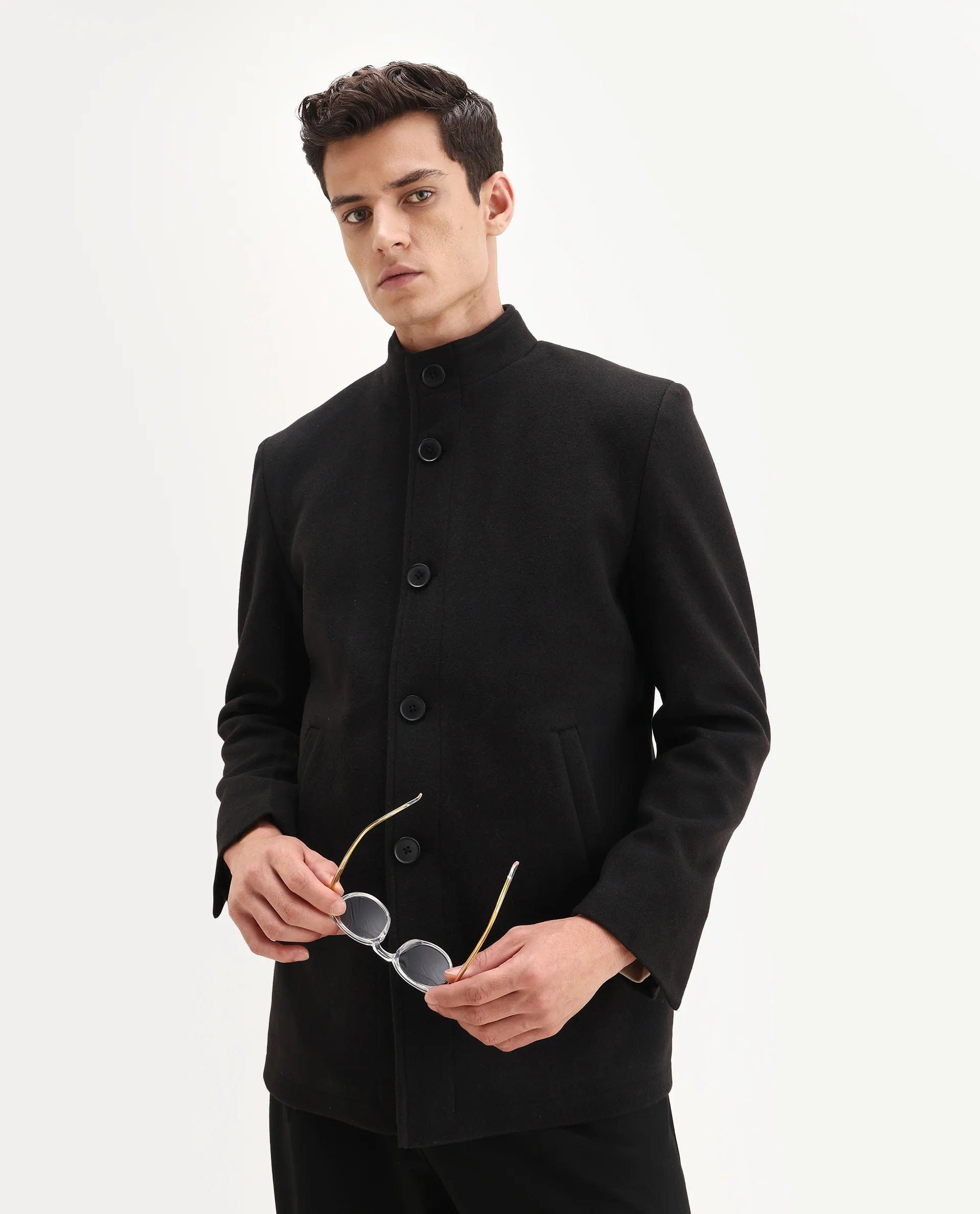 RARE Rabbit Men's Fanzo - 25 Black Polyester Blend Fabric High Neck Regular Plain Coat