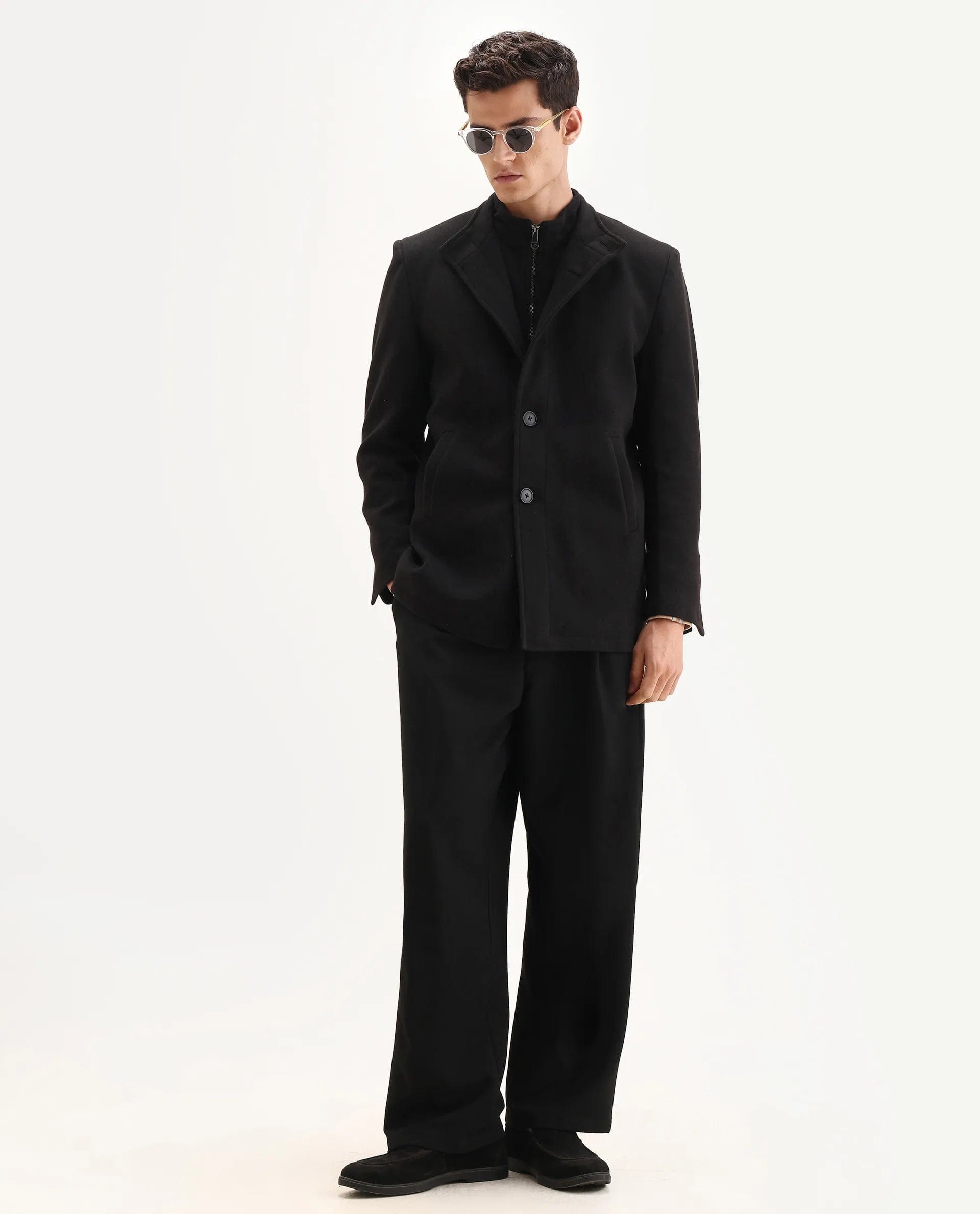 RARE Rabbit Men's Fanzo - 25 Black Polyester Blend Fabric High Neck Regular Plain Coat