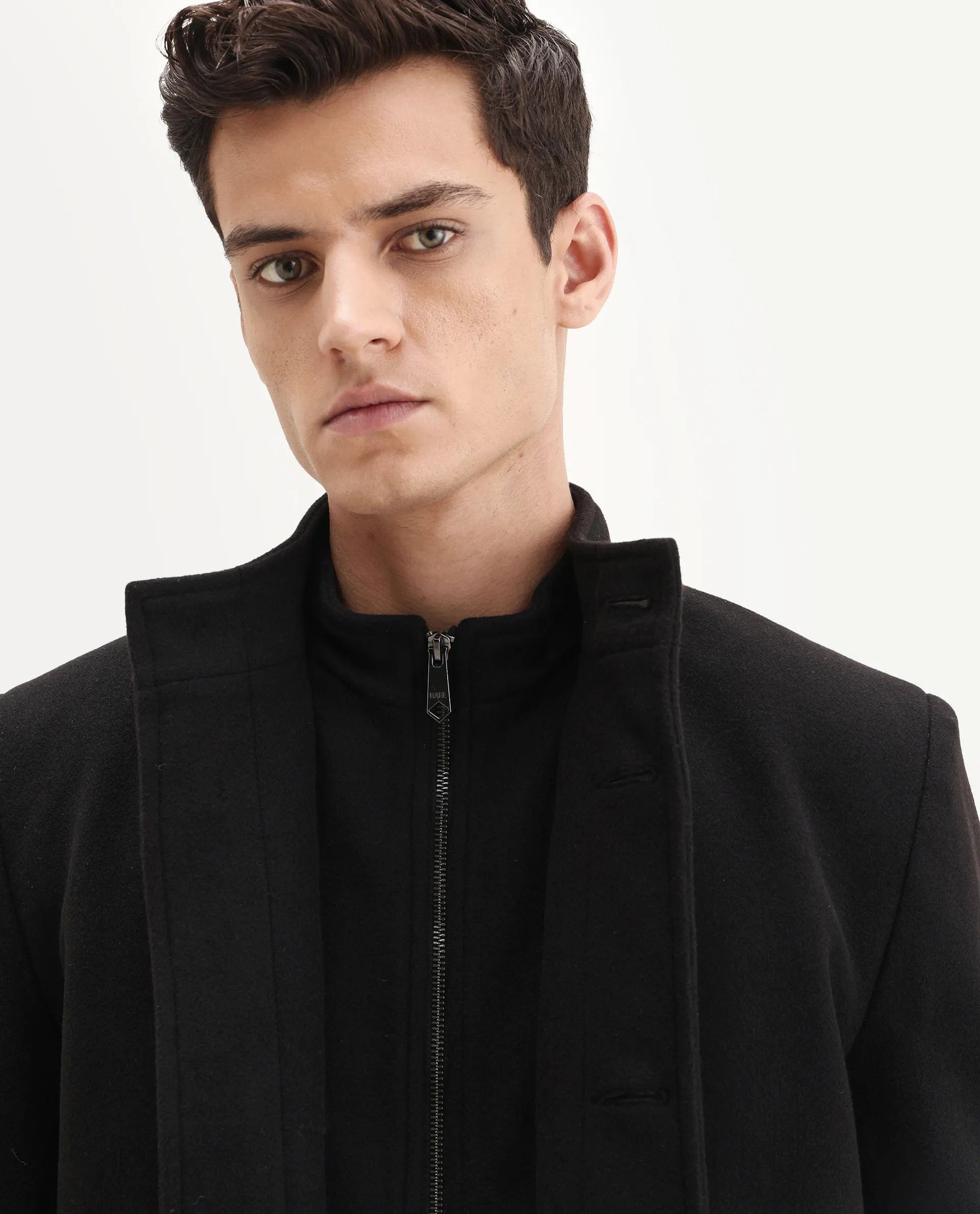RARE Rabbit Men's Fanzo - 25 Black Polyester Blend Fabric High Neck Regular Plain Coat