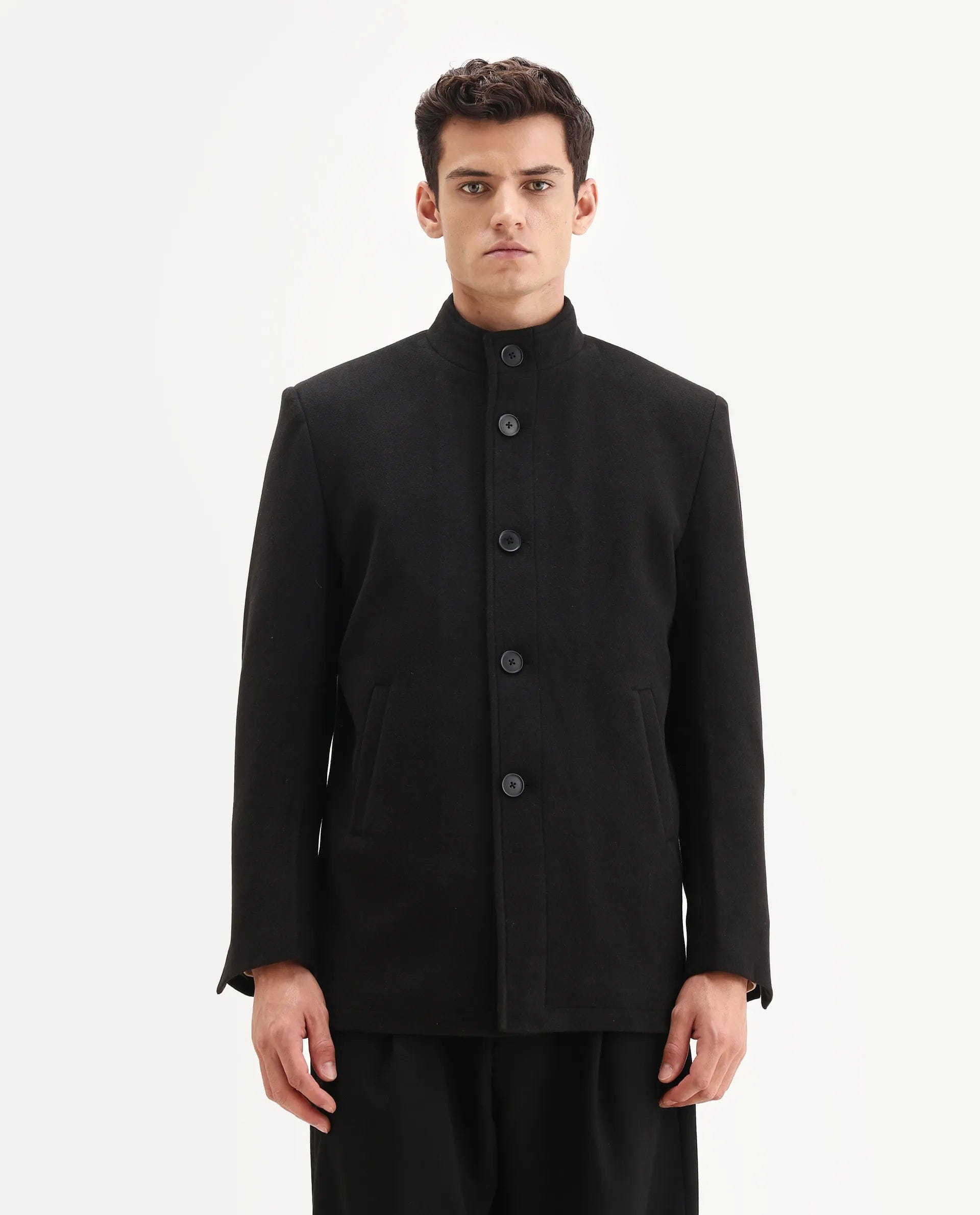 RARE Rabbit Men's Fanzo - 25 Black Polyester Blend Fabric High Neck Regular Plain Coat