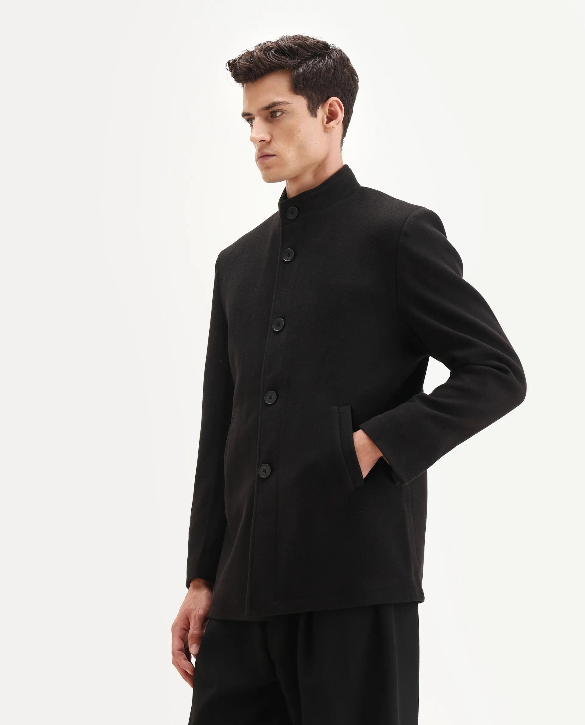 RARE Rabbit Men's Fanzo - 25 Black Polyester Blend Fabric High Neck Regular Plain Coat