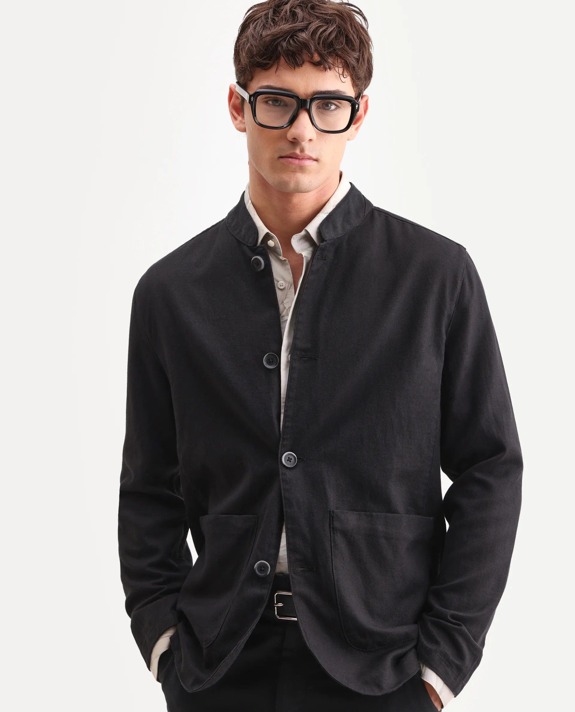 RARE Rabbit Men's Bela Black Linen Blend Fabric Mandarin Collar Neck Tailored Fit Coat