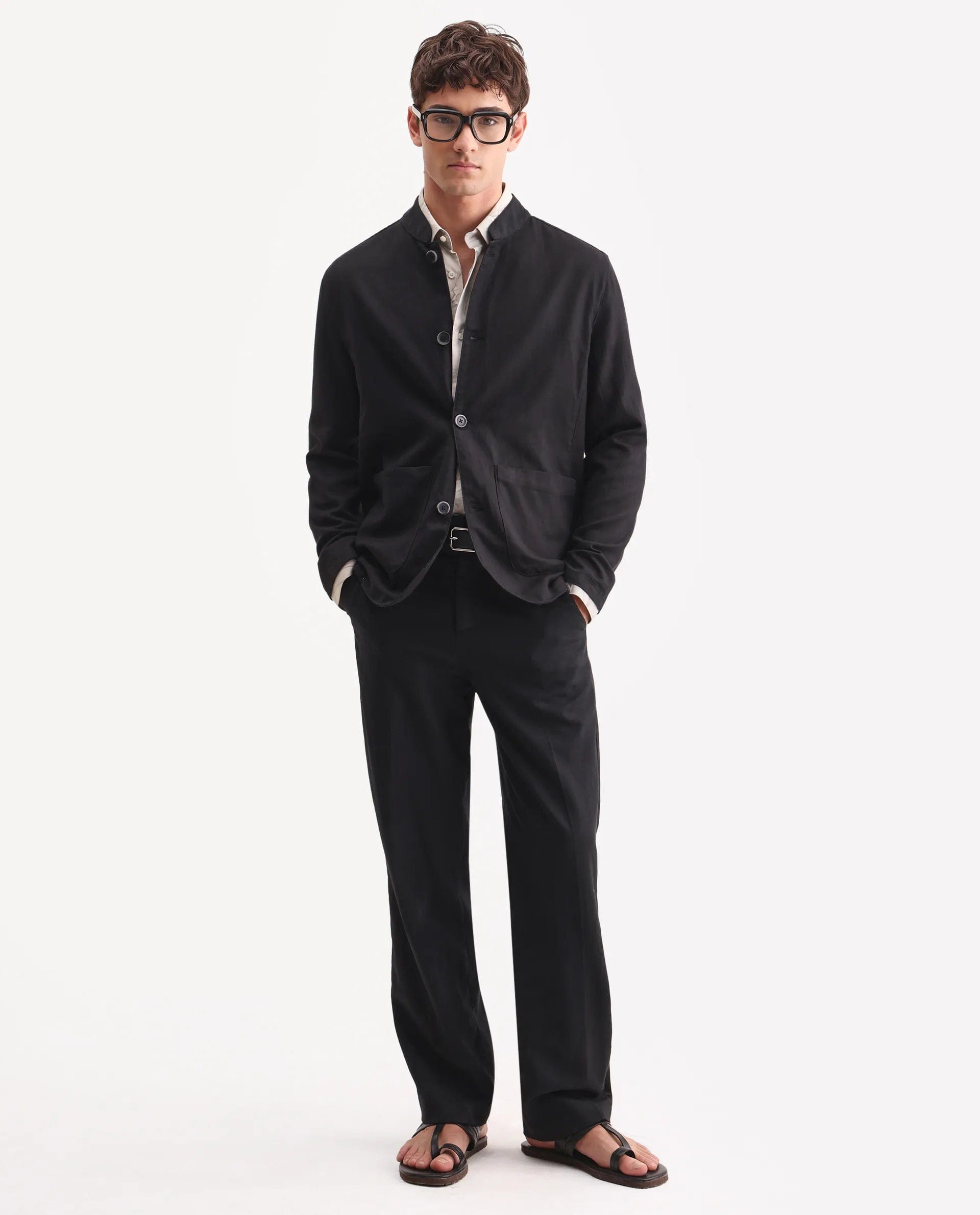 RARE Rabbit Men's Bela Black Linen Blend Fabric Mandarin Collar Neck Tailored Fit Coat