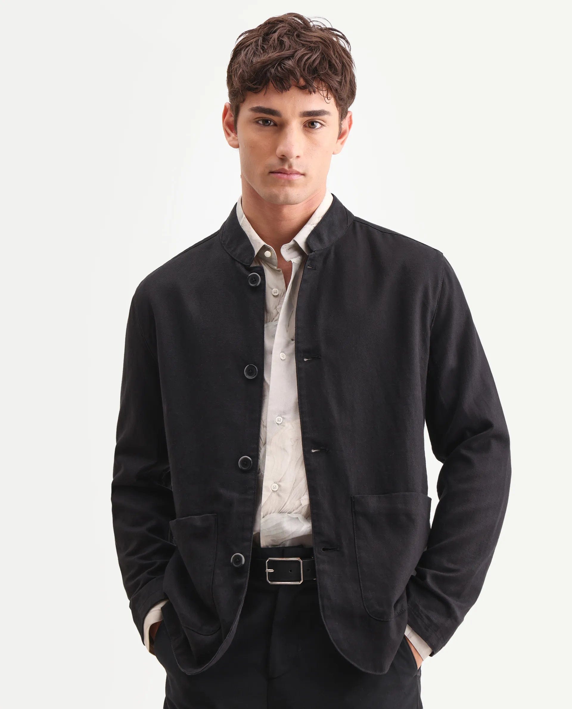 RARE Rabbit Men's Bela Black Linen Blend Fabric Mandarin Collar Neck Tailored Fit Coat