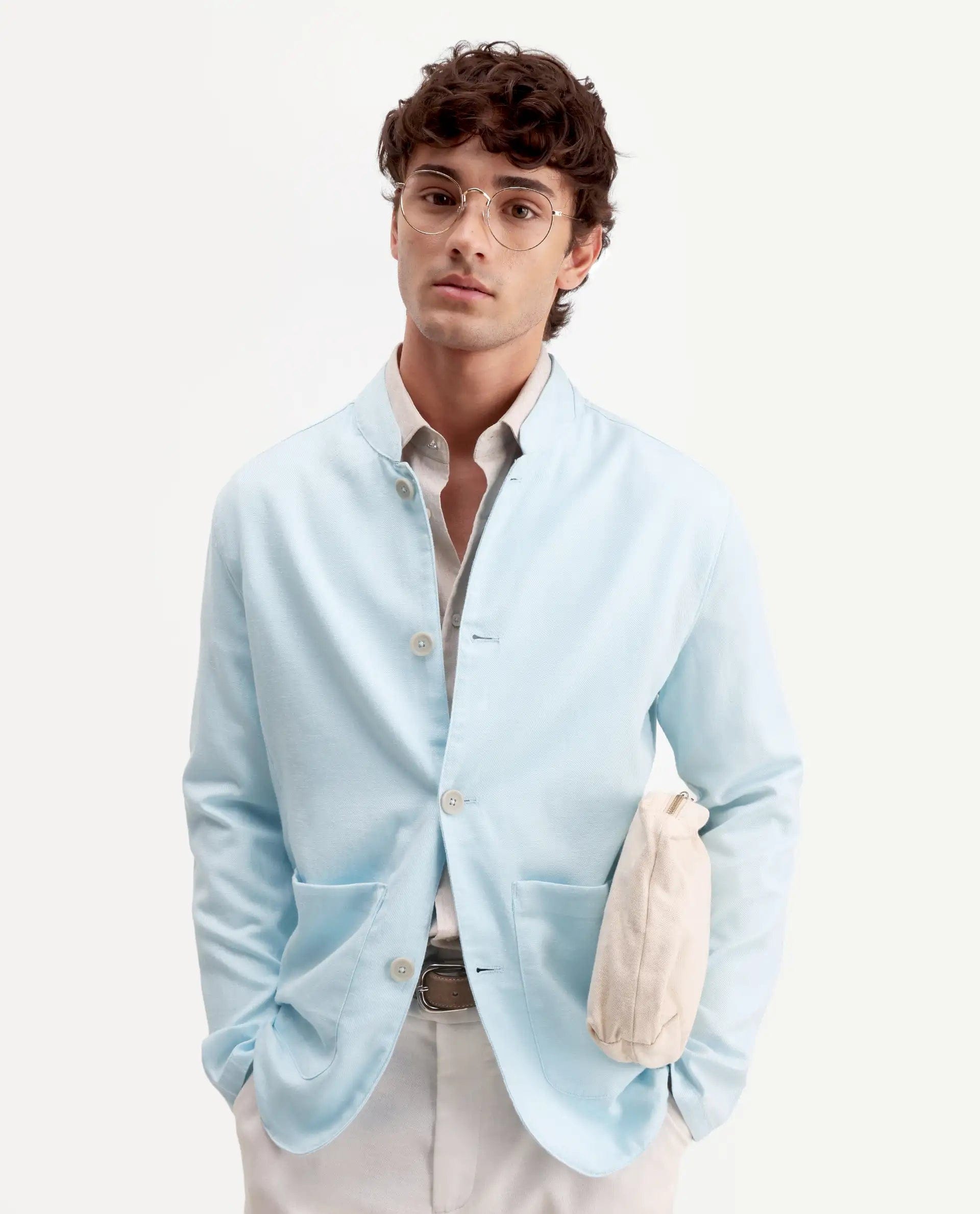 RARE Rabbit Men's Bela Aqua Linen Blend Fabric Mandarin Collar Neck Tailored Fit Coat