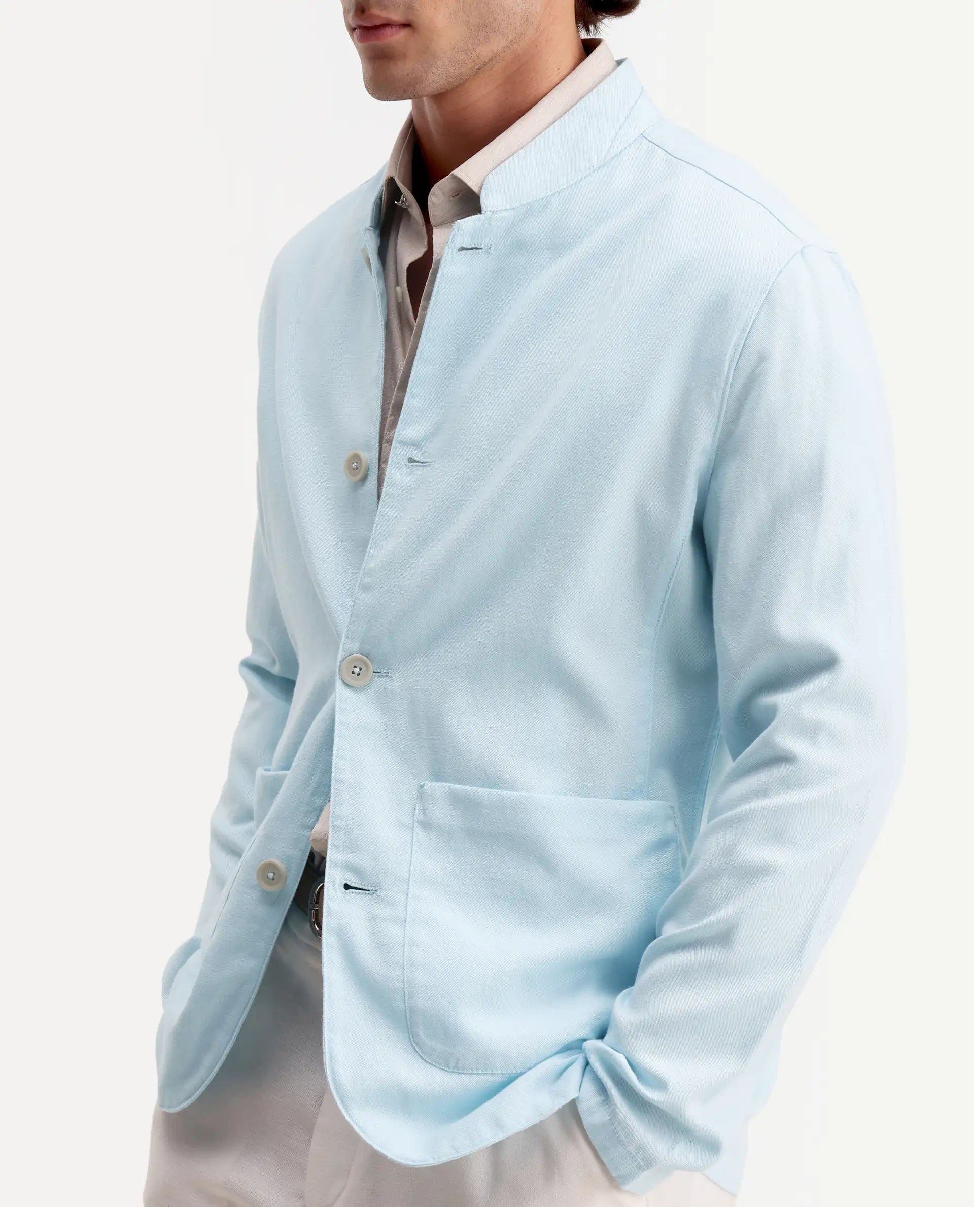 RARE Rabbit Men's Bela Aqua Linen Blend Fabric Mandarin Collar Neck Tailored Fit Coat