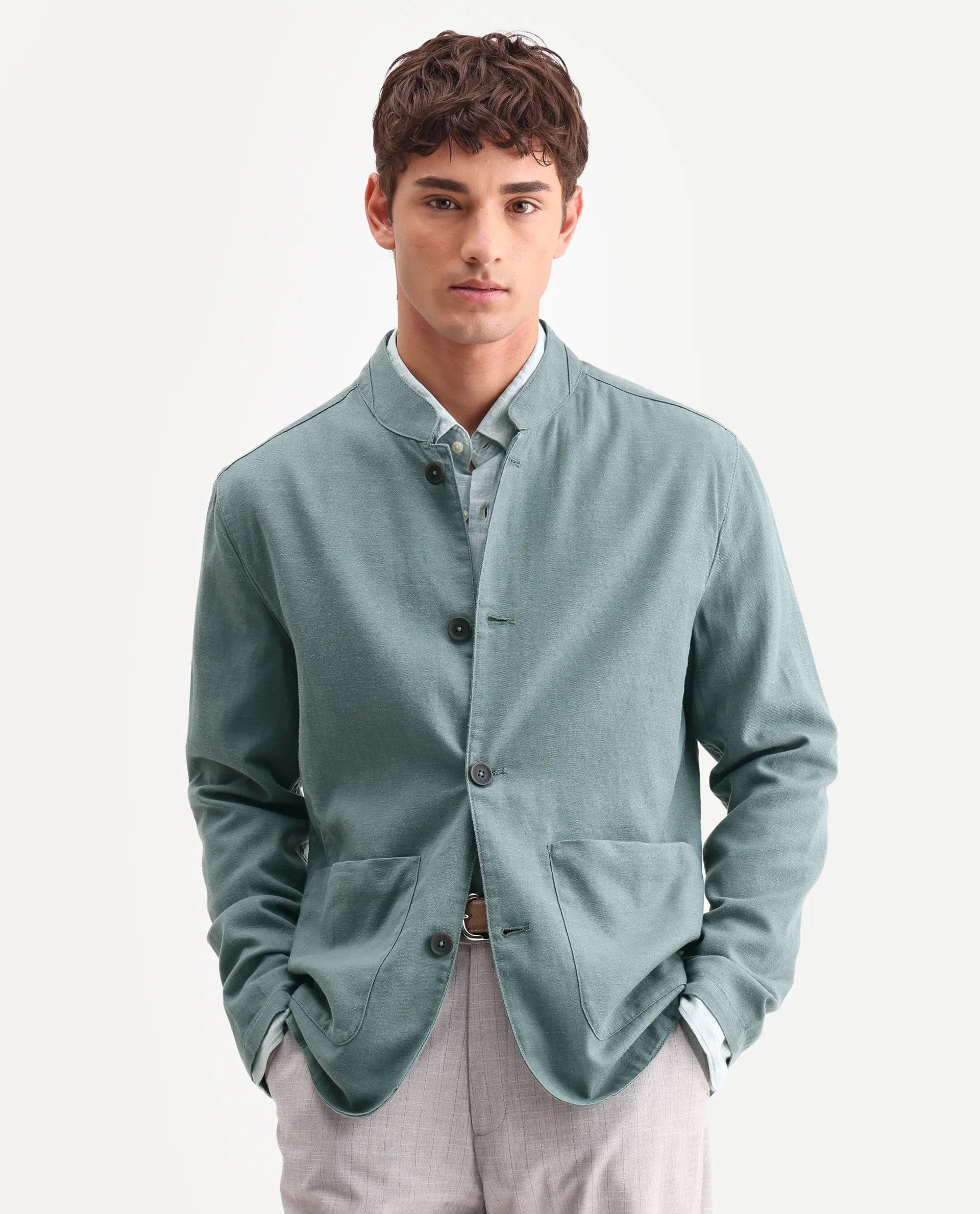 RARE Rabbit Men's Bela Dusky Green Linen Blend Fabric Mandarin Collar Neck Tailored Fit Coat
