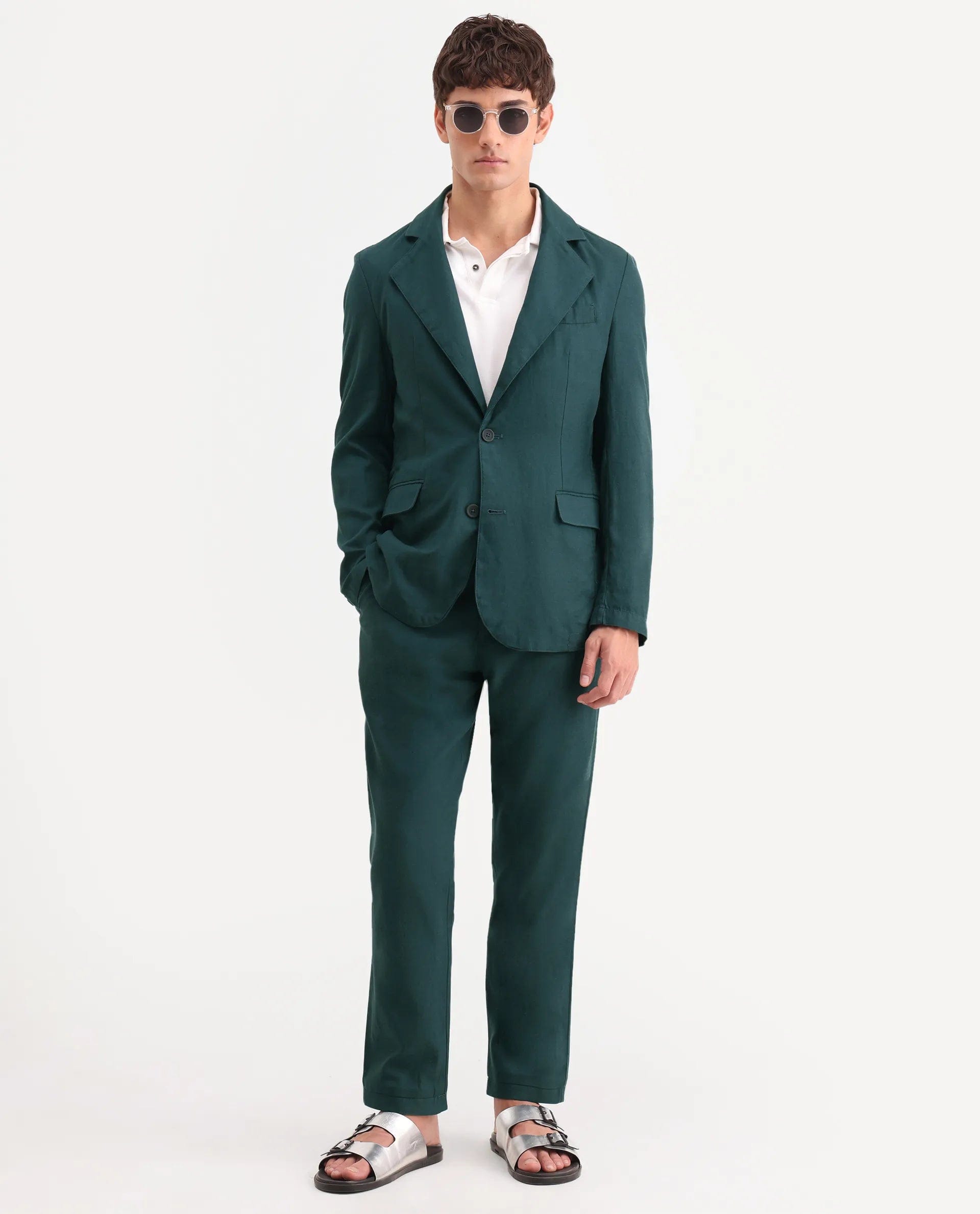 RARE Rabbit Men's Linol Dark Green Linen Blend Fabric Lapel Neck Tailored Fit Plain Blazer