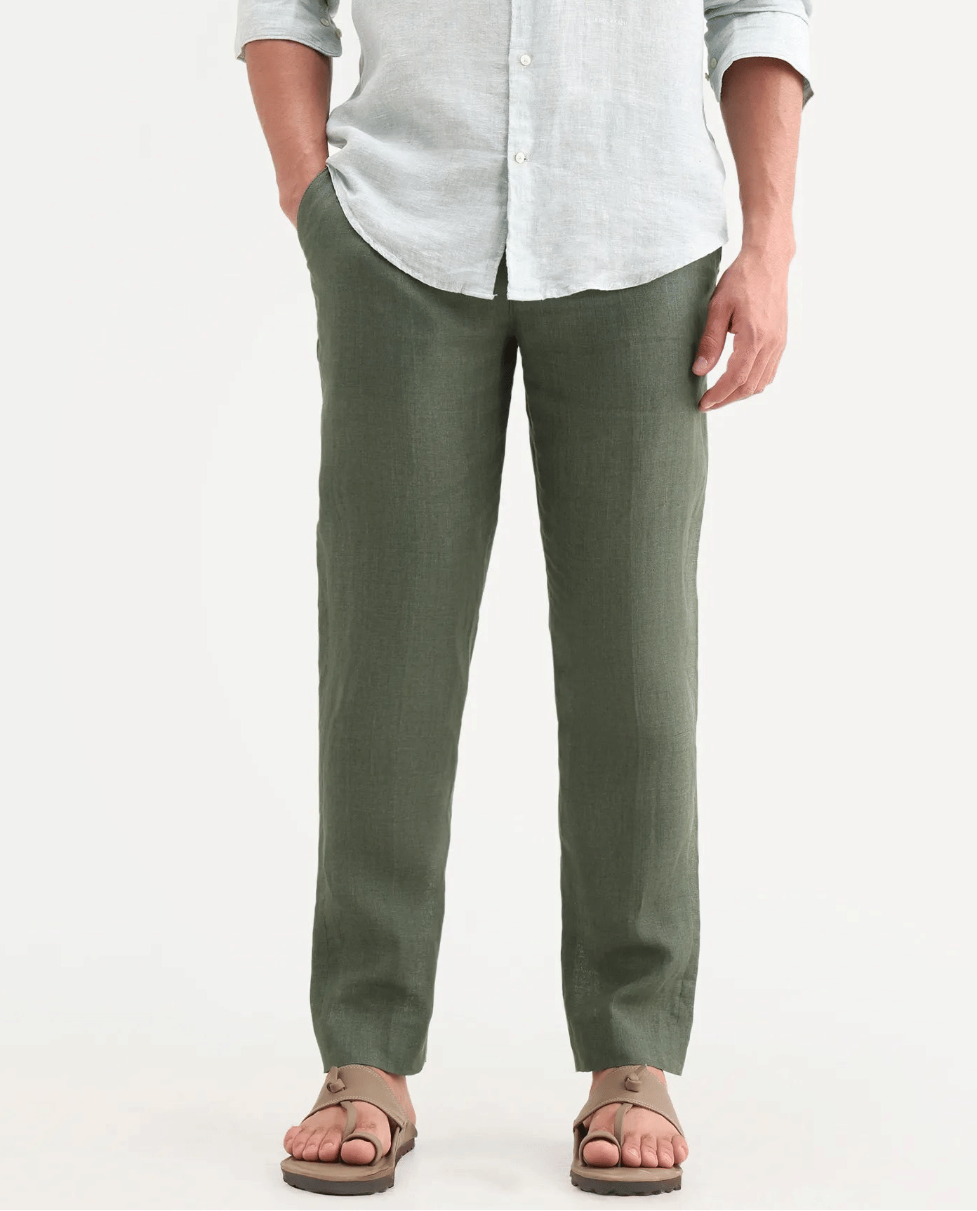 RARE Rabbit Men's Borium - T Dusky Green Linen Fabric Regular Fit Plain Trouser