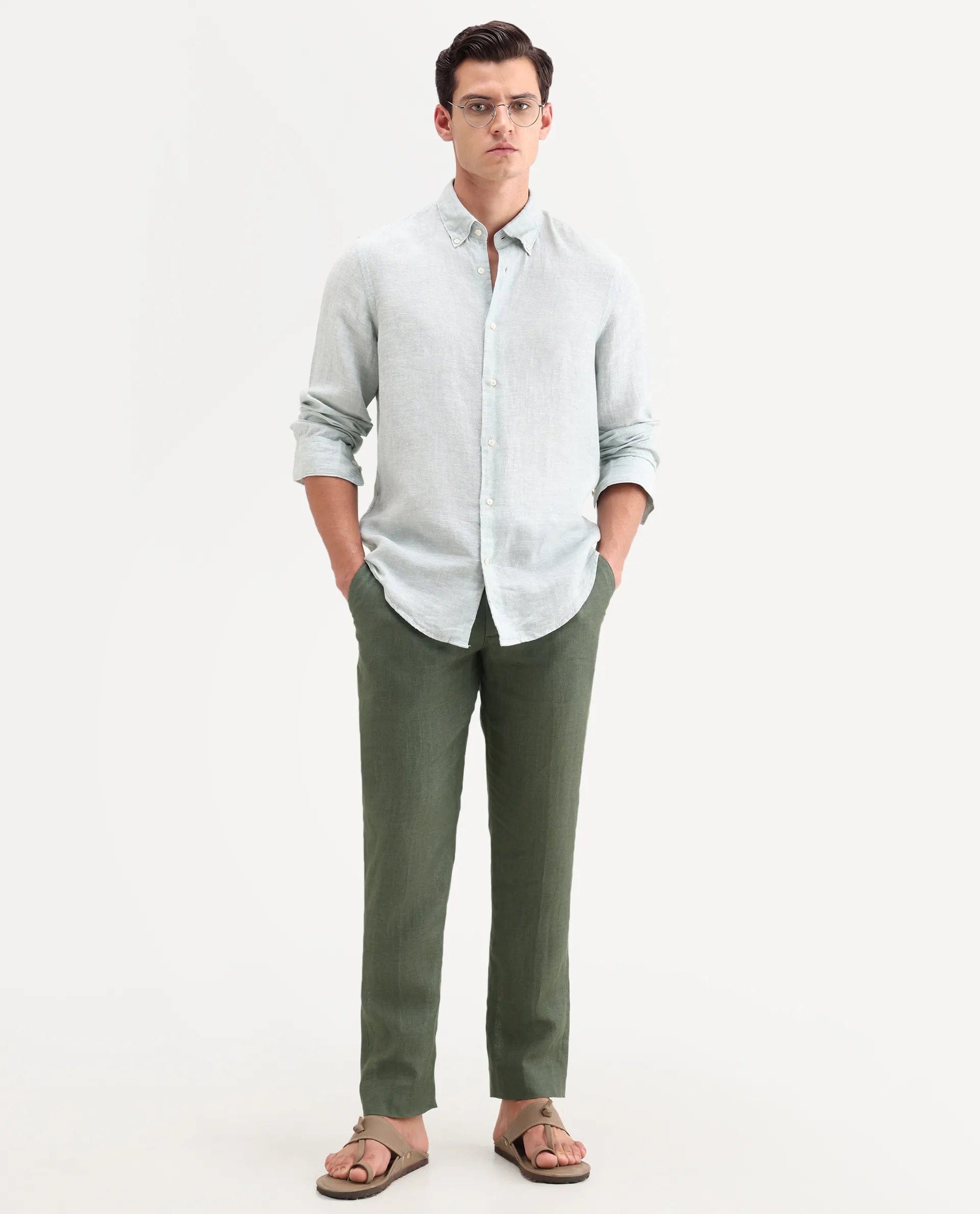 RARE Rabbit Men's Borium - T Dusky Green Linen Fabric Regular Fit Plain Trouser