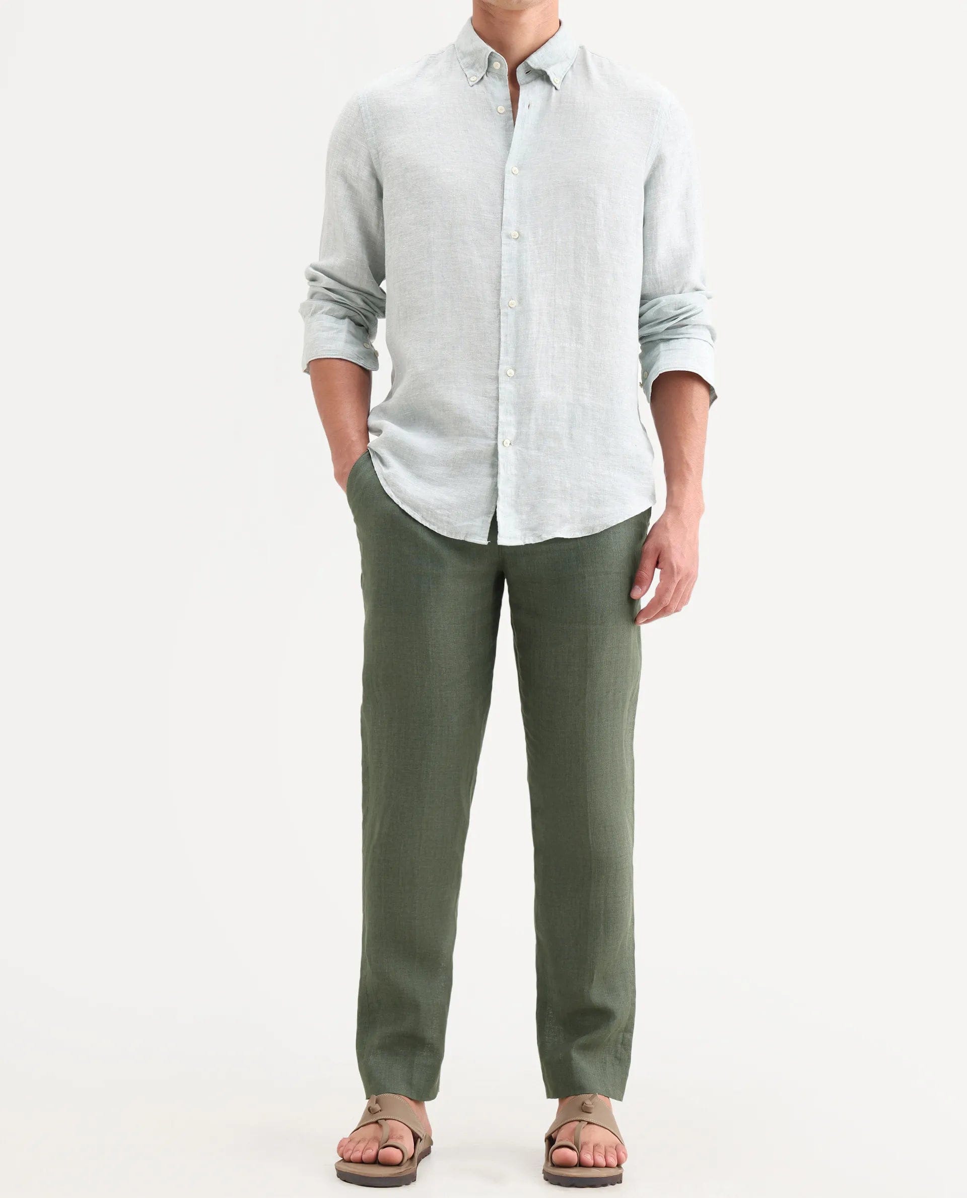 RARE Rabbit Men's Borium - T Dusky Green Linen Fabric Regular Fit Plain Trouser