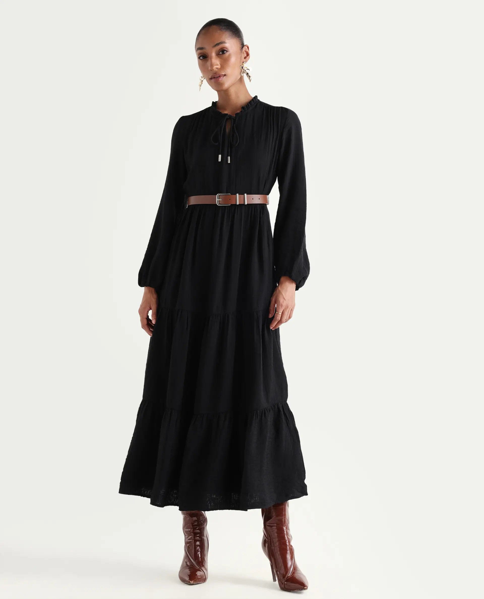 Rareism Women's Carlia Black Viscose Blend Full Sleeve Flared Plain Dress