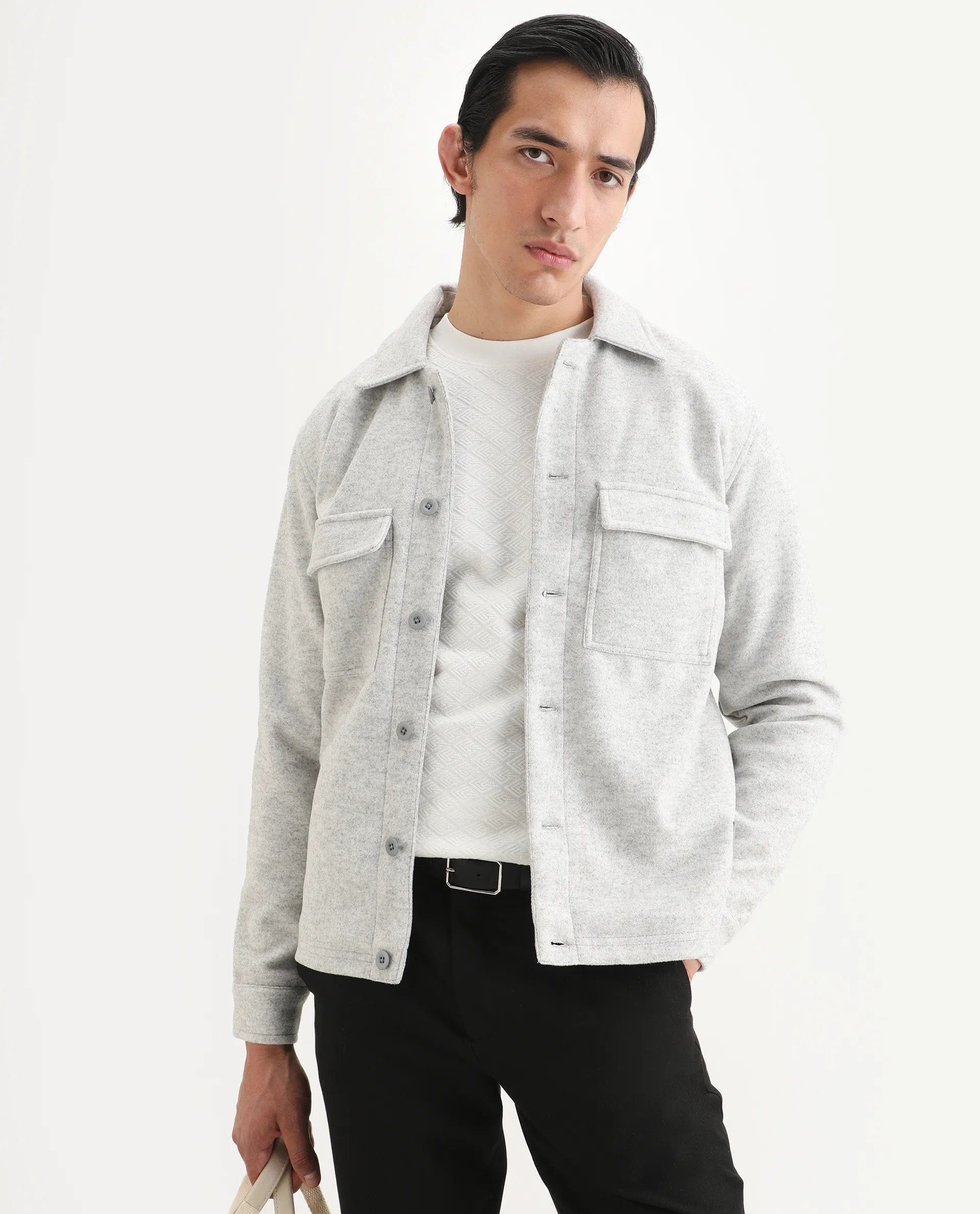 RARE Rabbit Men's Bensko Light Grey Polyester Fabric Spread Collar Regular Fit Plain Jacket