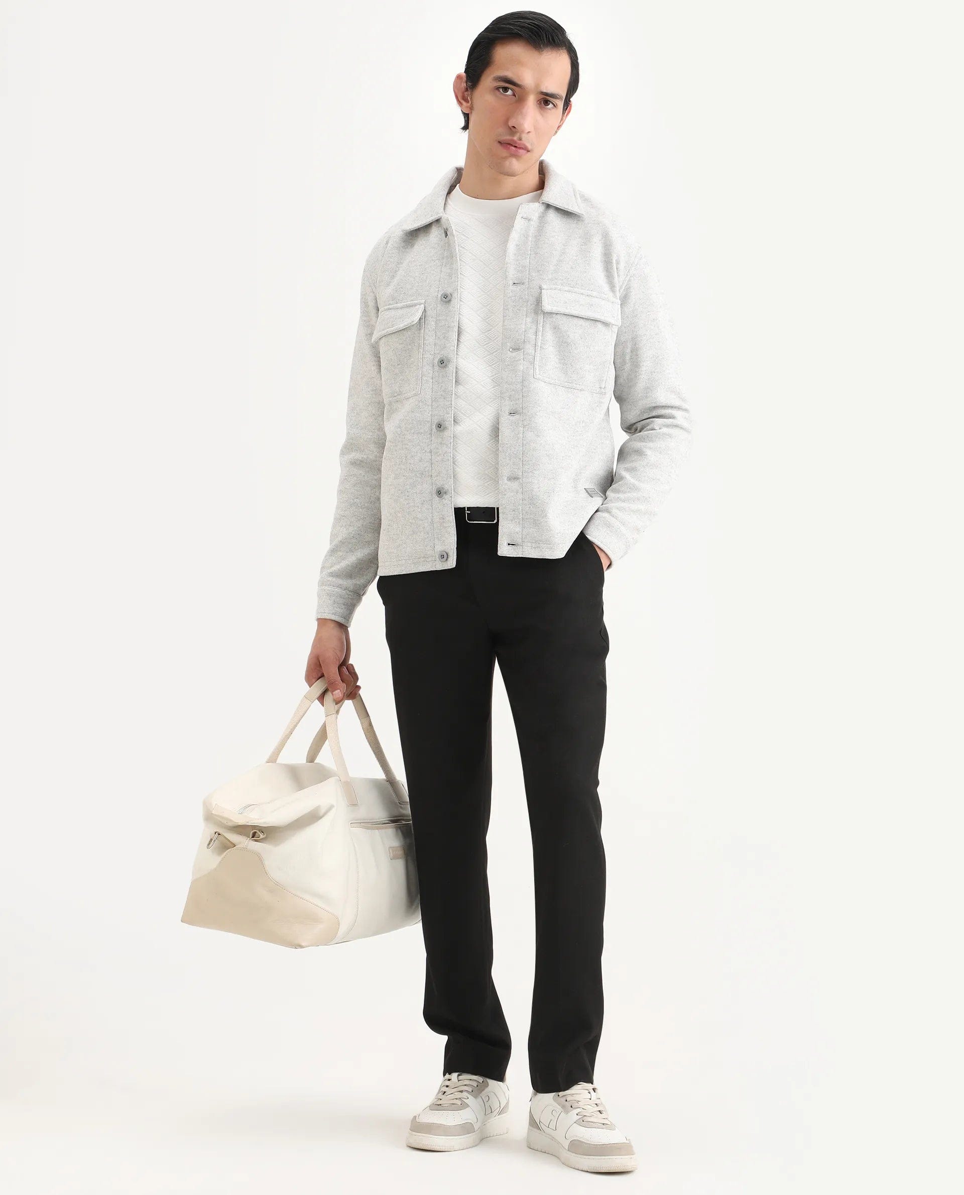 RARE Rabbit Men's Bensko Light Grey Polyester Fabric Spread Collar Regular Fit Plain Jacket