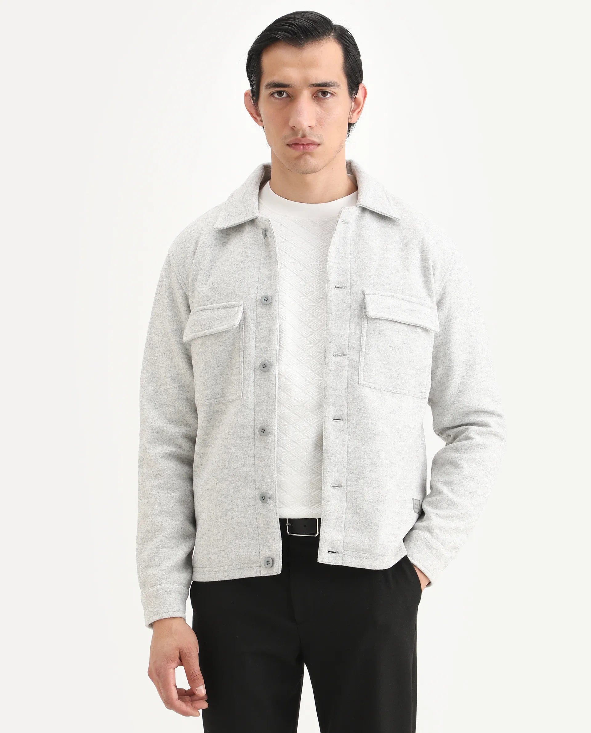 RARE Rabbit Men's Bensko Light Grey Polyester Fabric Spread Collar Regular Fit Plain Jacket
