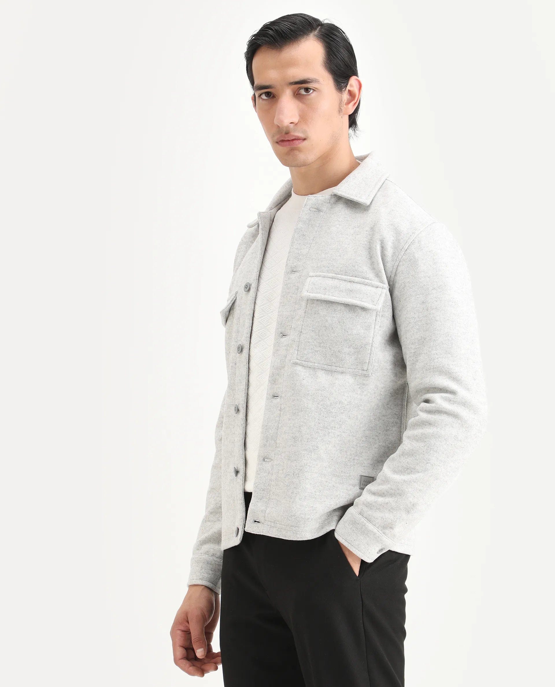 RARE Rabbit Men's Bensko Light Grey Polyester Fabric Spread Collar Regular Fit Plain Jacket