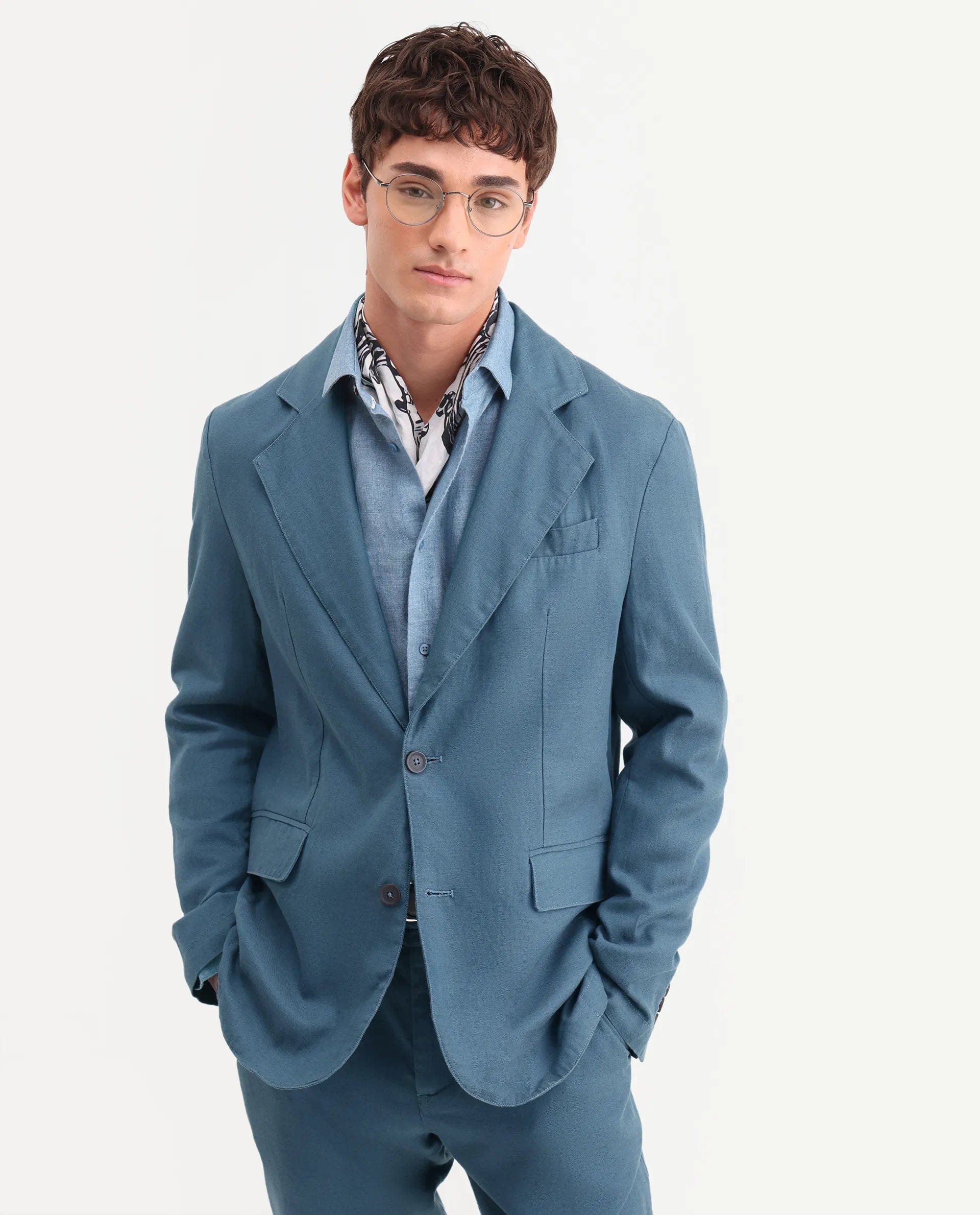 RARE Rabbit Men's Linol Dusky Petrol Linen Blend Fabric Lapel Neck Tailored Fit Plain Blazer