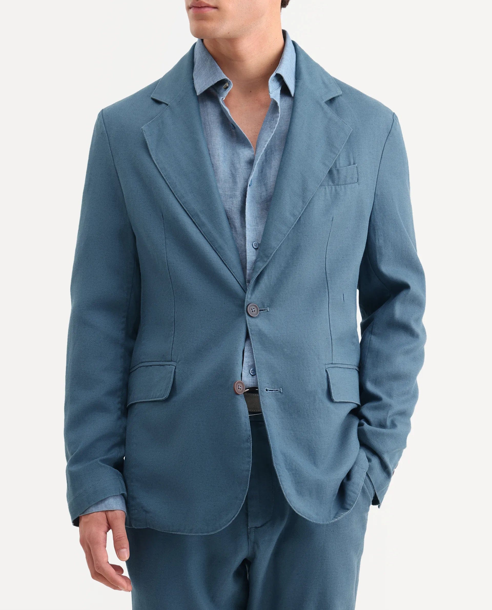 RARE Rabbit Men's Linol Dusky Petrol Linen Blend Fabric Lapel Neck Tailored Fit Plain Blazer