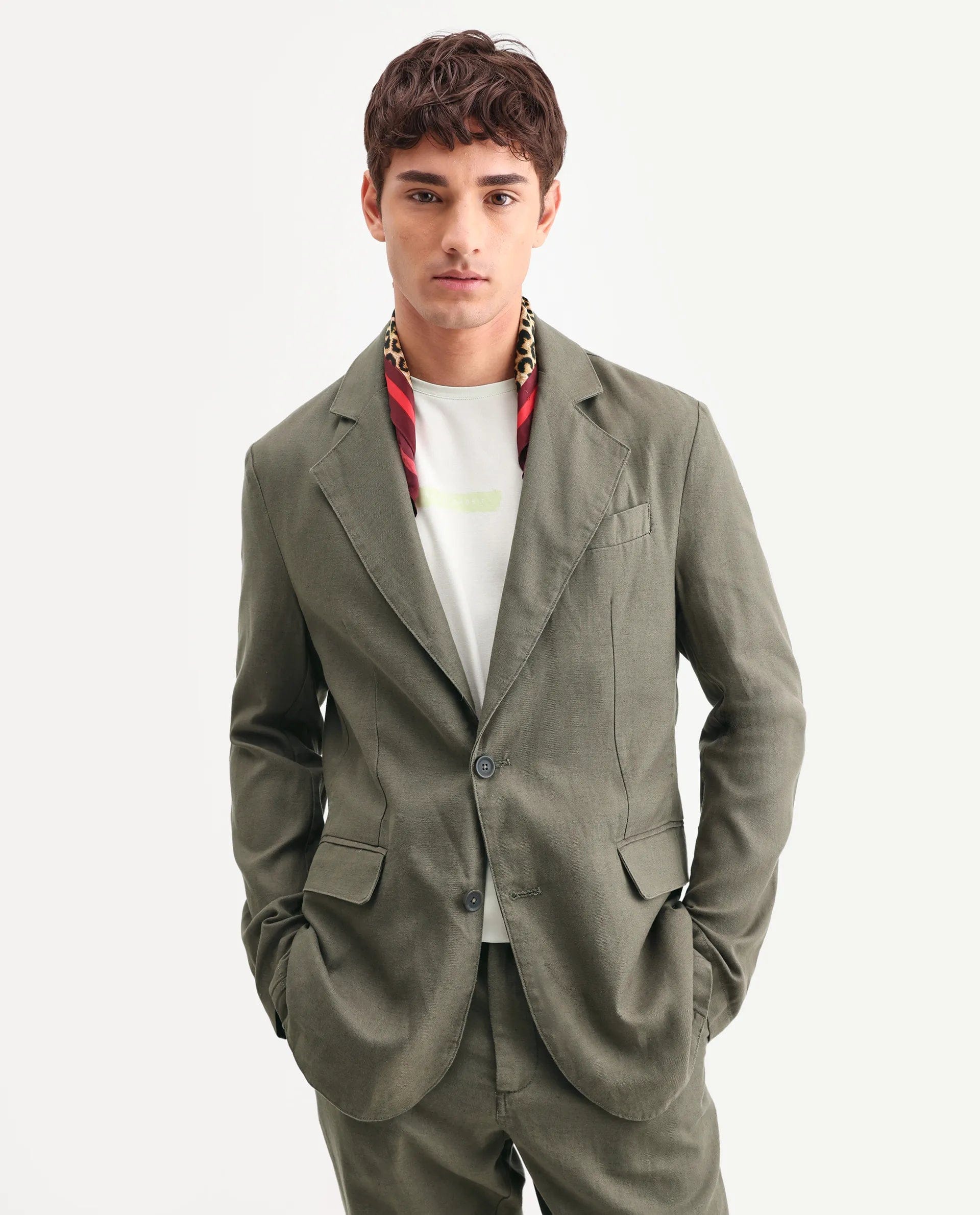 RARE Rabbit Men's Linol Dusky Olive Linen Blend Fabric Lapel Neck Tailored Fit Plain Blazer