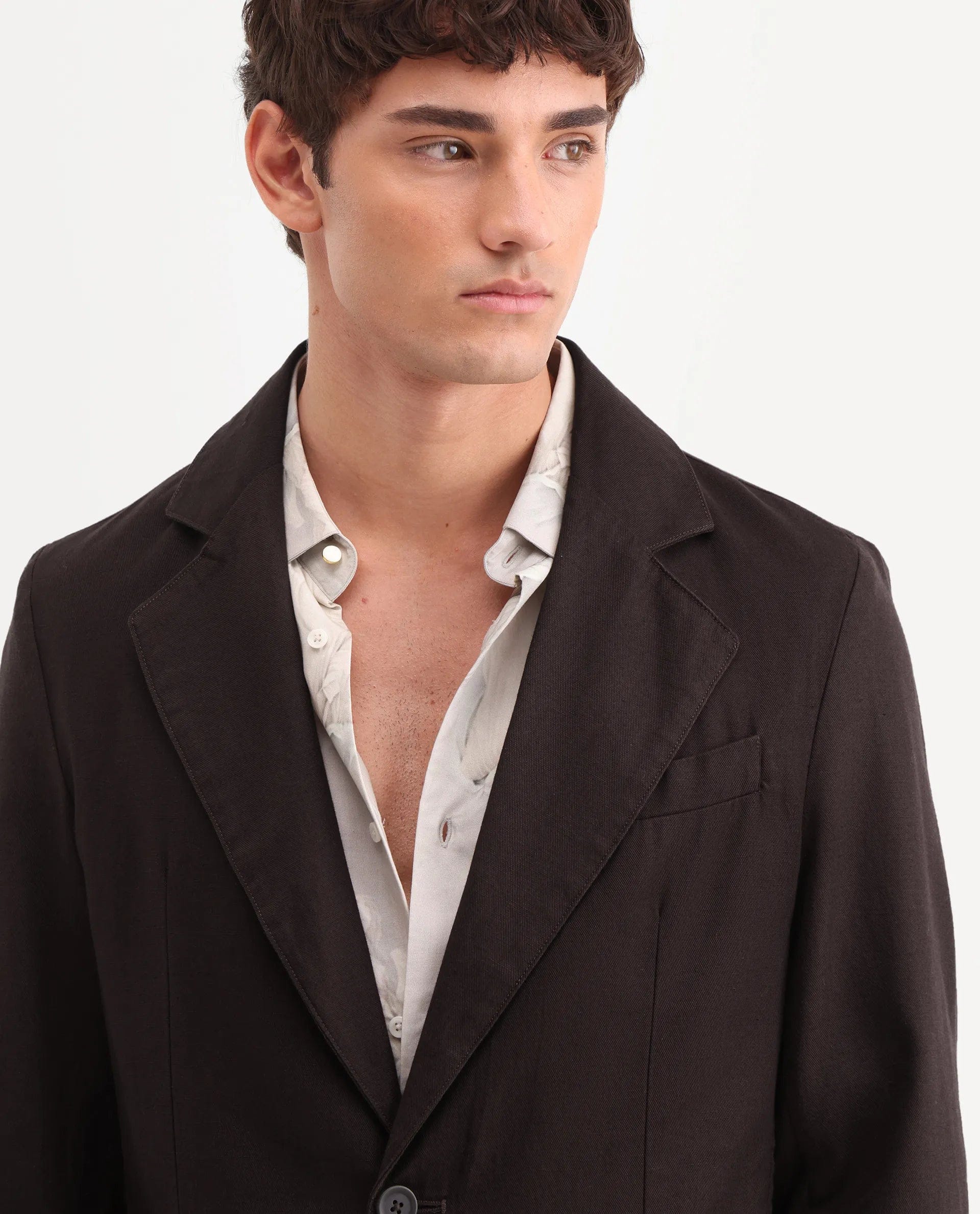 RARE Rabbit Men's Linol Dark Brown Linen Blend Fabric Lapel Neck Tailored Fit Plain Blazer