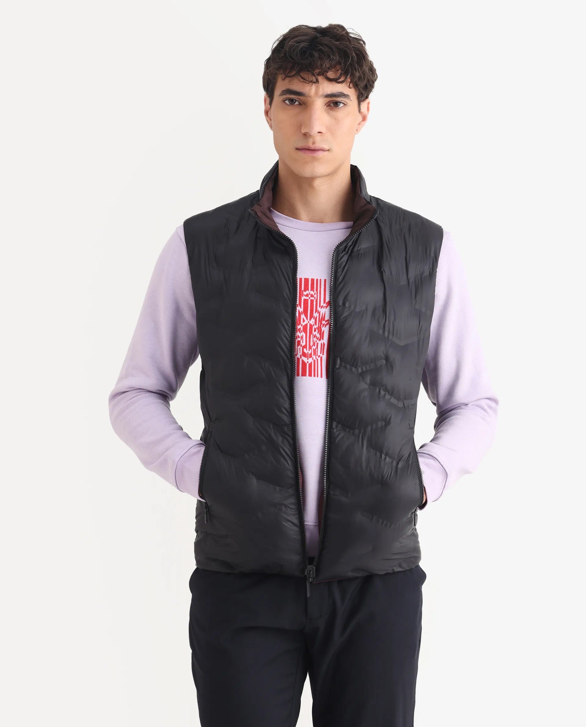 RARE Rabbit Men's Cog Black Nylon Plain Regular Fit Sleeveless High Neck Jacket