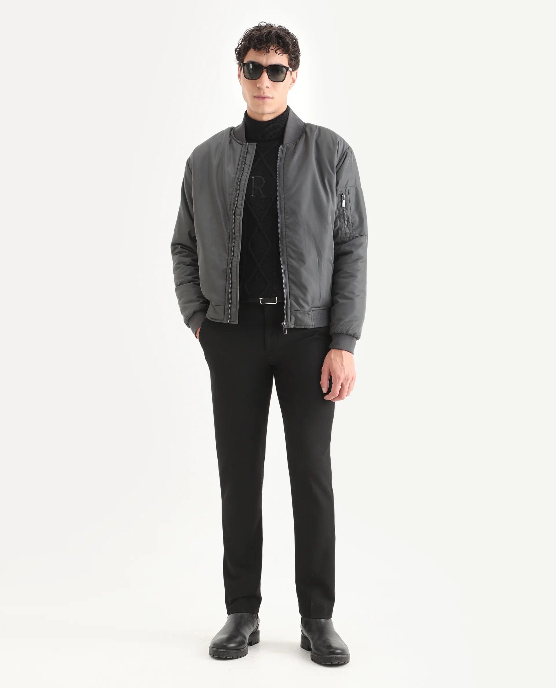 RARE Rabbit Men's Quoto Dark Grey Polyester Plain Regular Fit Full Sleeve Ribbed Collar Jacket
