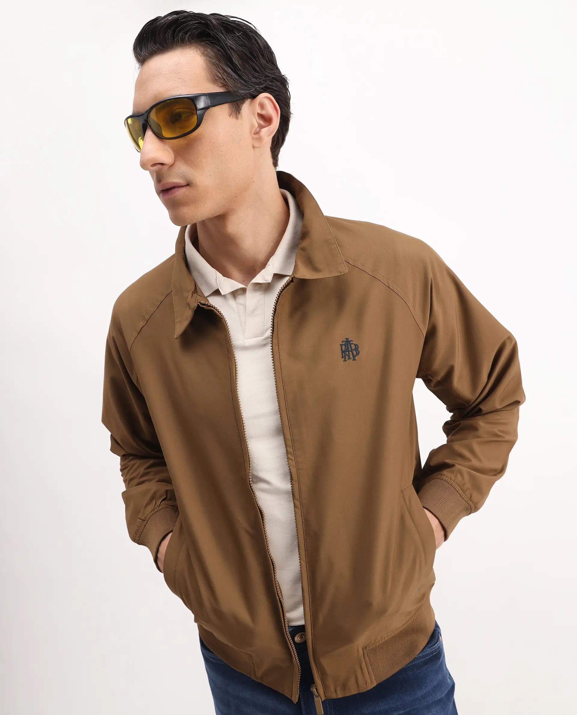 RARE Rabbit Men's Clayon Brown Polyester Embroidered Regular Fit Full Sleeve Spread Collar Jacket