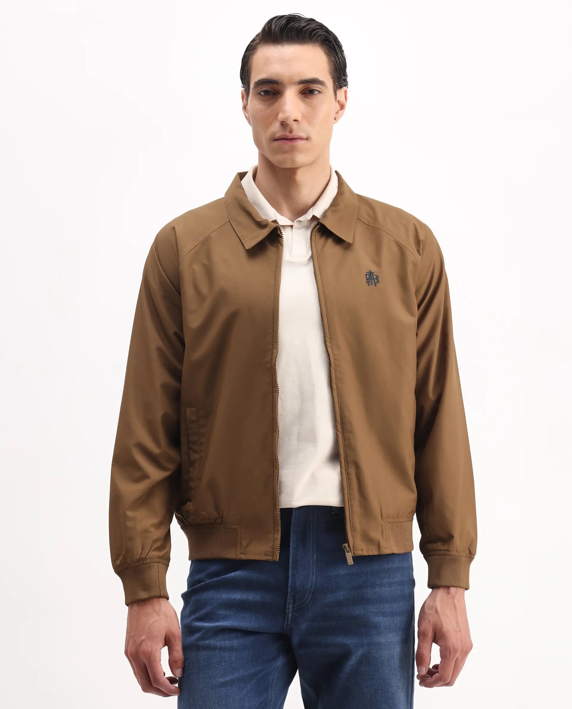 RARE Rabbit Men's Clayon Brown Polyester Embroidered Regular Fit Full Sleeve Spread Collar Jacket
