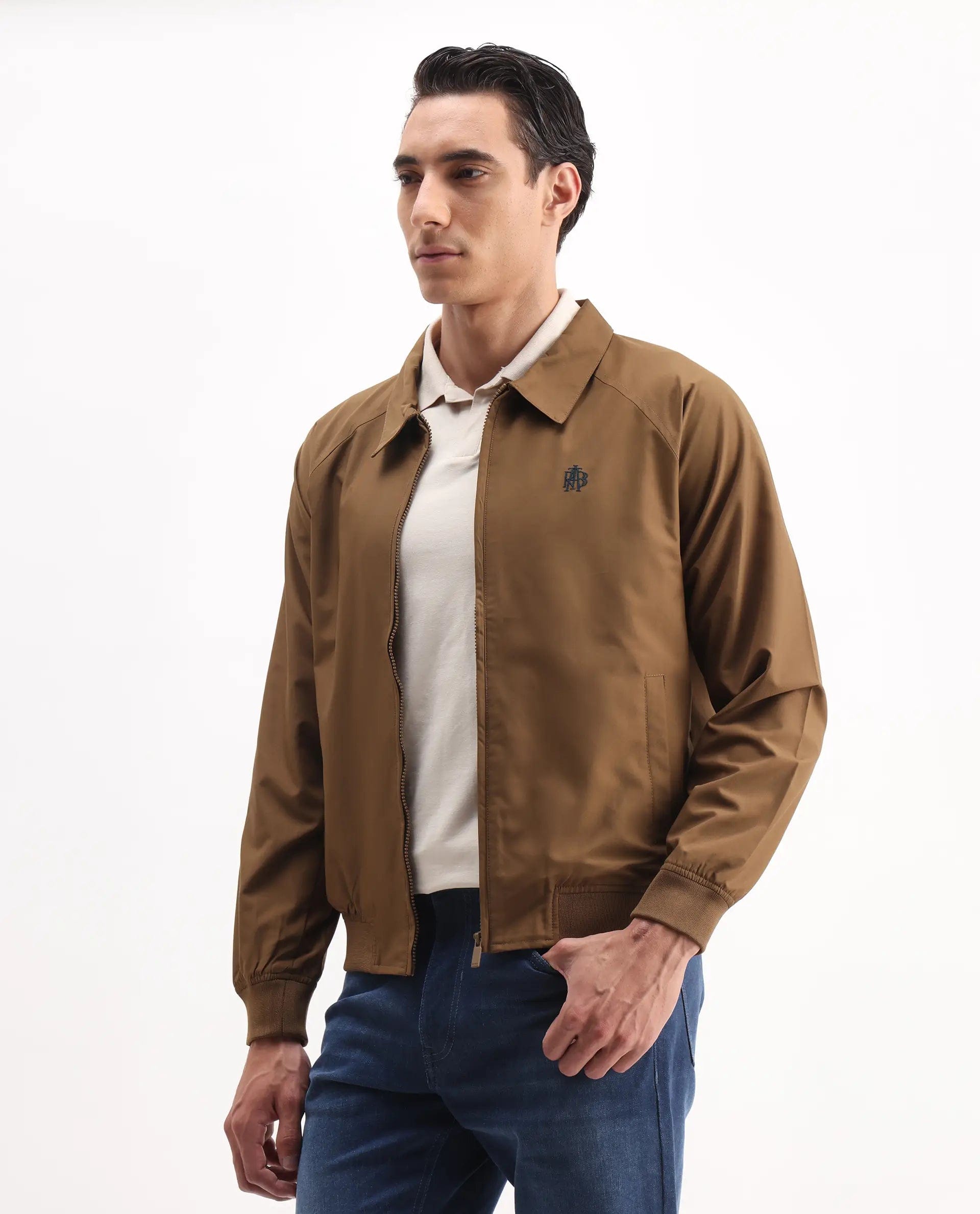 RARE Rabbit Men's Clayon Brown Polyester Embroidered Regular Fit Full Sleeve Spread Collar Jacket