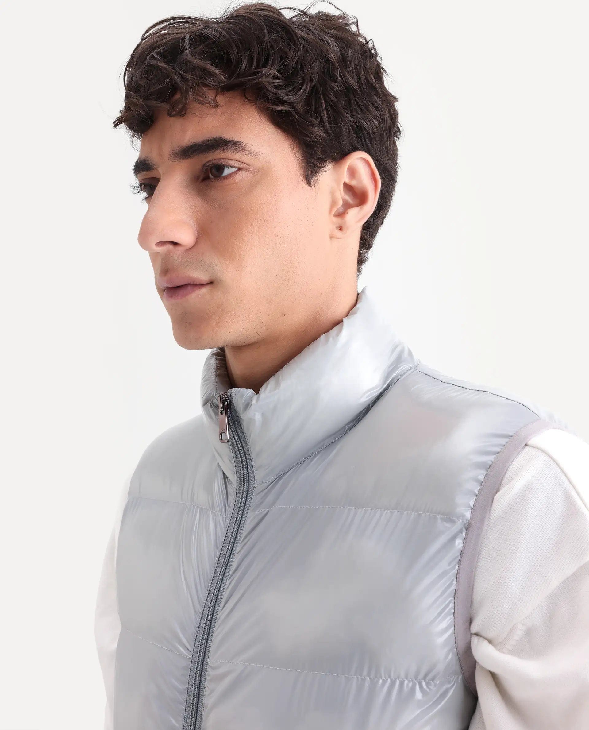 RARE Rabbit Men's Cover Light Grey Polyester Plain Relaxed Fit Sleeveless High Neck Jacket
