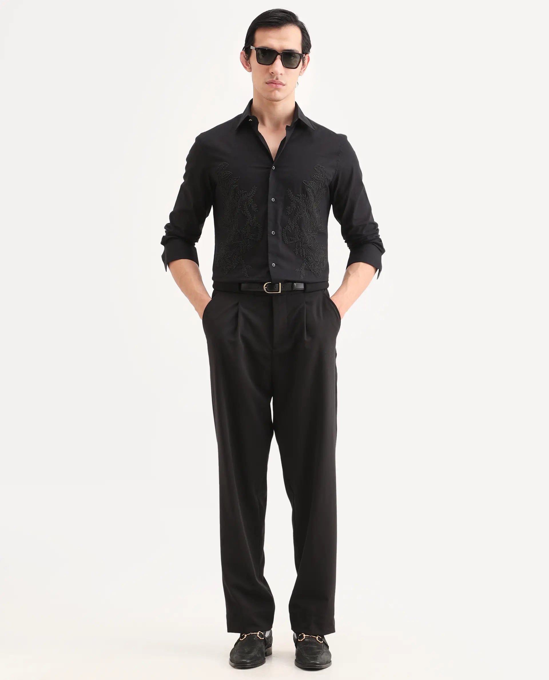 RARE Rabbit Men's Dori Black Cotton Fabric Full Sleeves Collared Neck Button Closure Embroidered Shirt