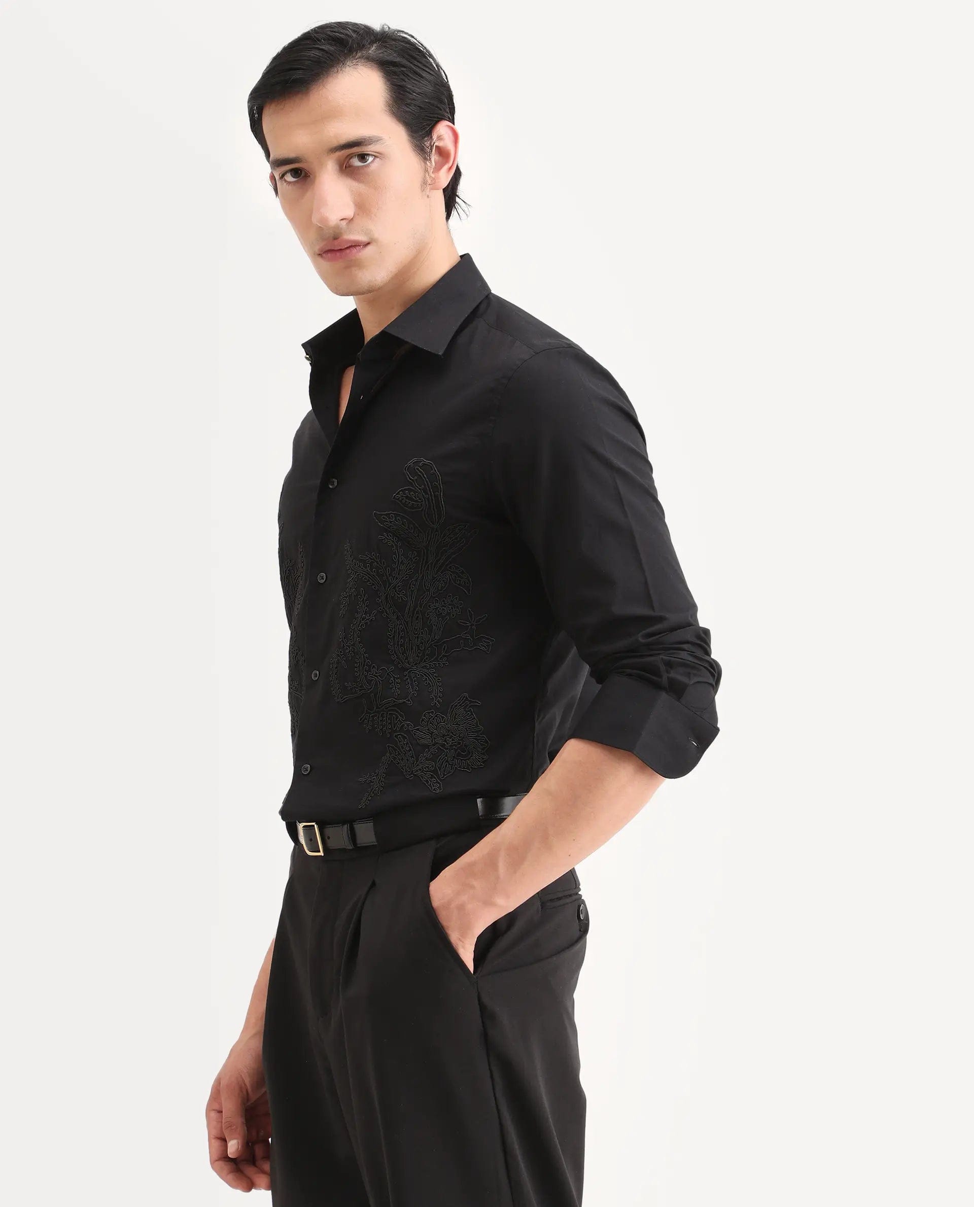 RARE Rabbit Men's Dori Black Cotton Fabric Full Sleeves Collared Neck Button Closure Embroidered Shirt