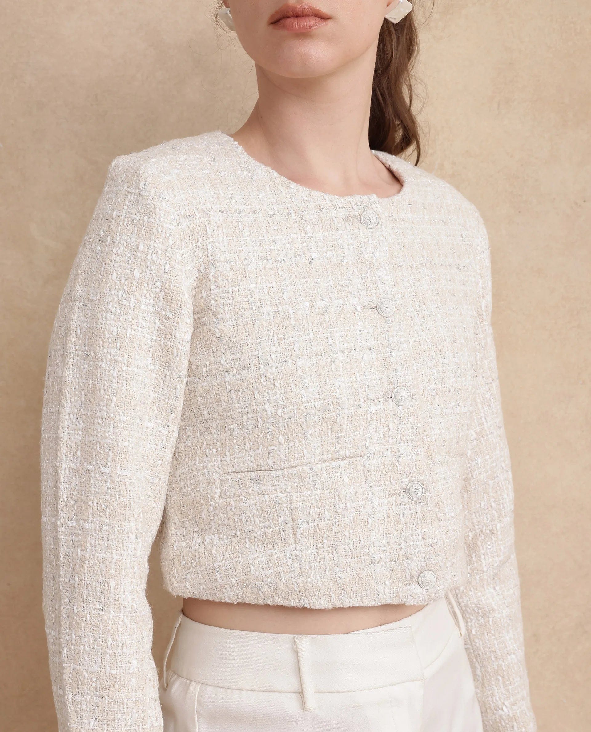 Rareism Women's Rybe Beige Cotton Blend Collarless Plain Crop Regular Fit Jacket