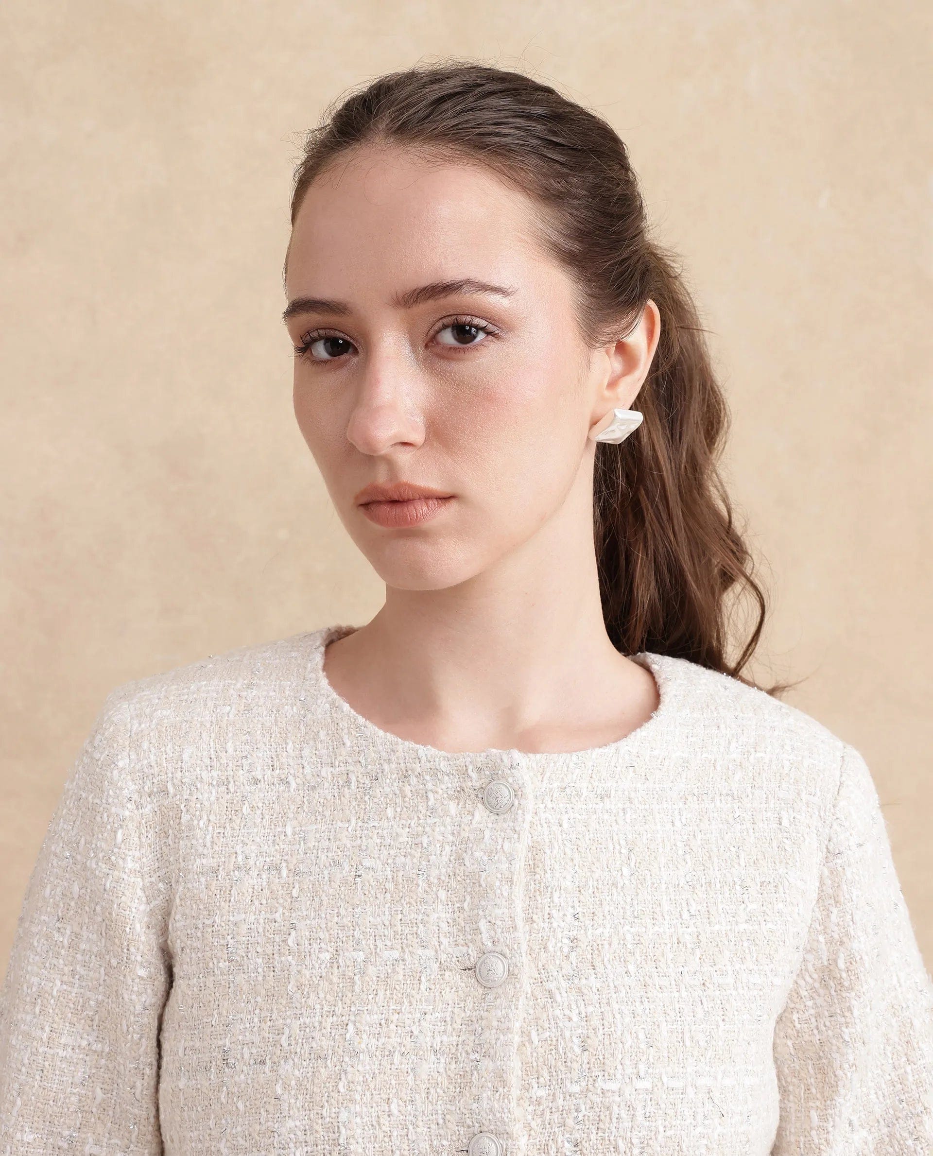 Rareism Women's Rybe Beige Cotton Blend Collarless Plain Crop Regular Fit Jacket
