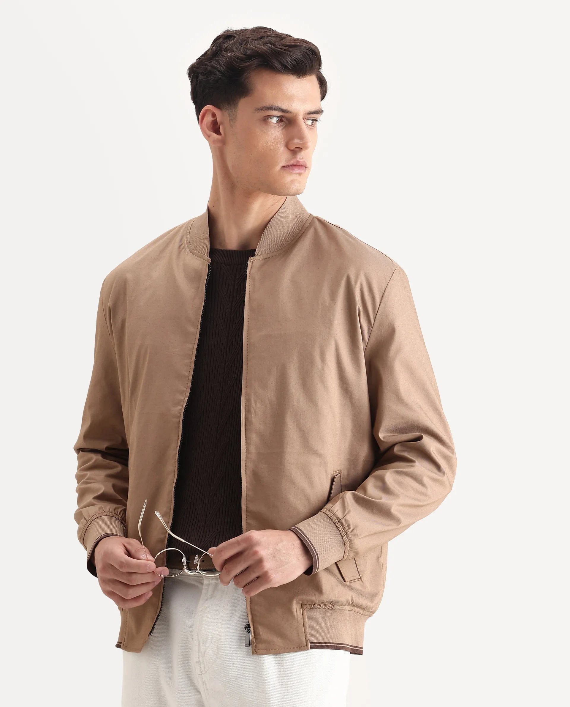 RARE Rabbit Men's Bom Tan Cotton Blend Fabric Ribbed Collar Regular Plain Jacket
