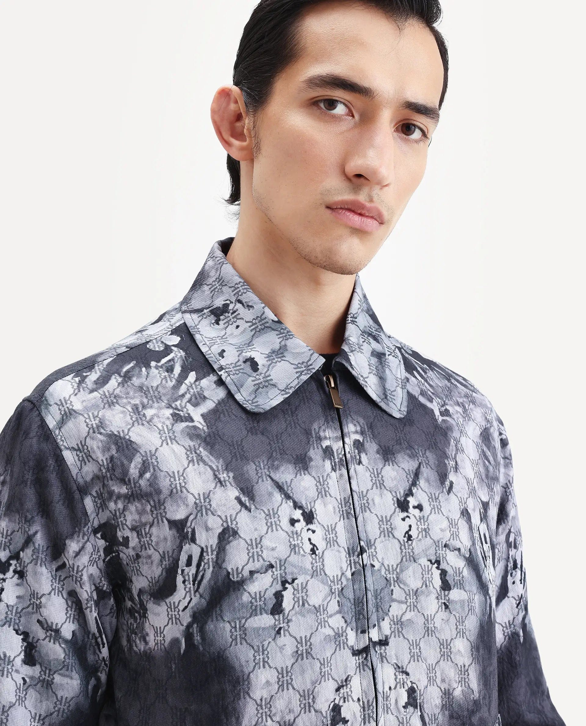 RARE Rabbit Men's Vorn Black Viscose Blend Fabric Spread Collar Regular Abstract Print Jacket