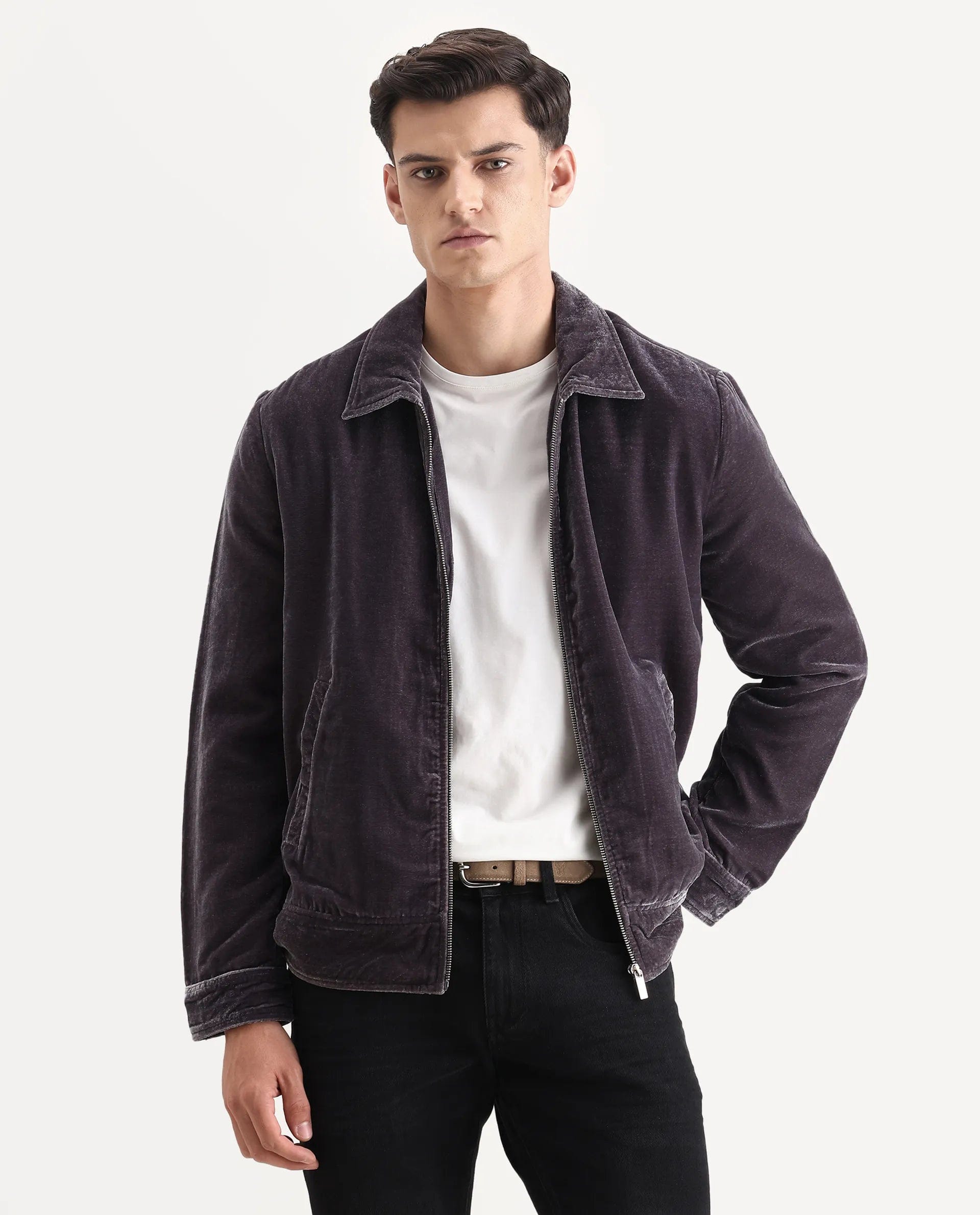RARE Rabbit Men's Velto Grey Polyester Fabric Collared Neck Regular Fit Plain Jacket