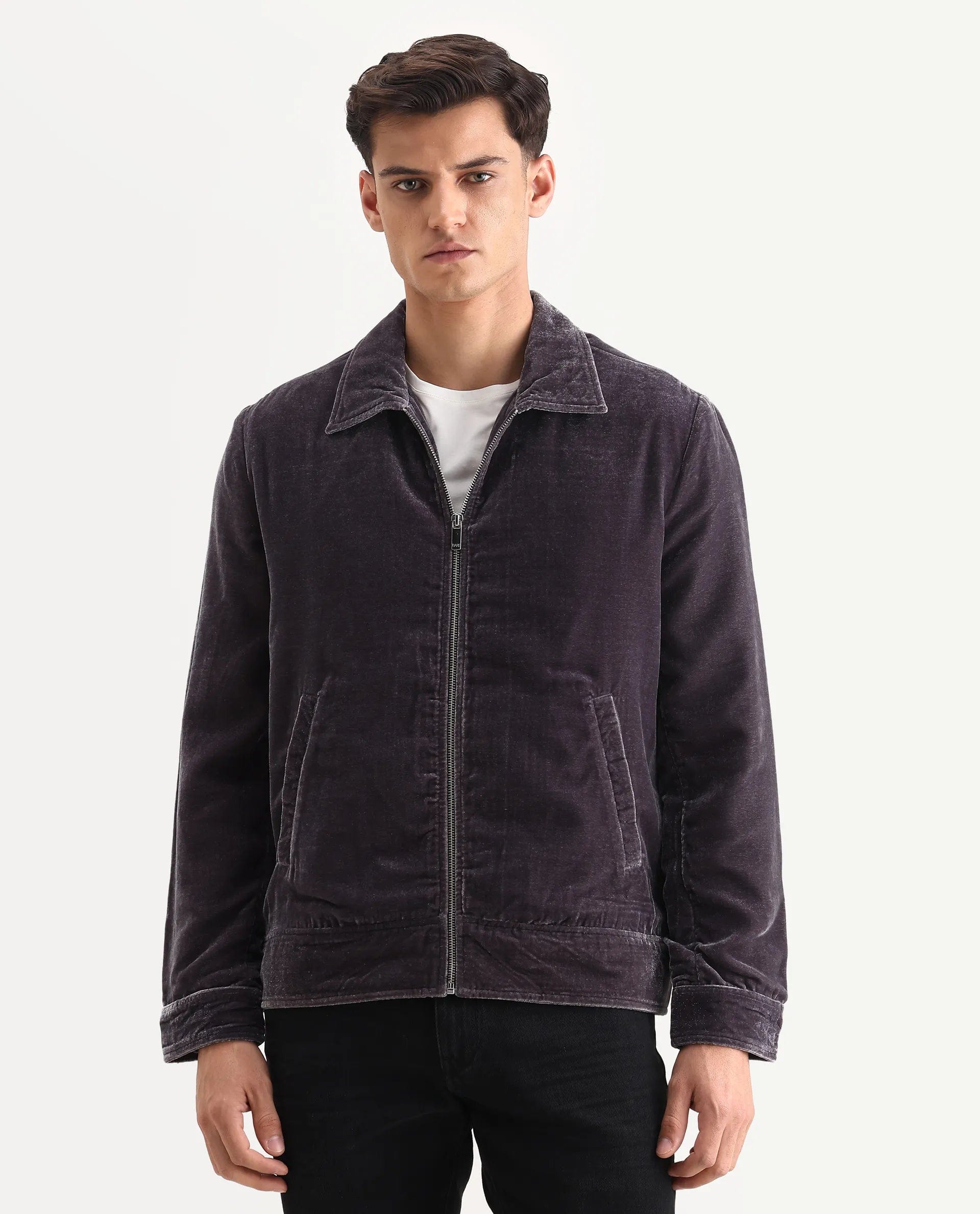 RARE Rabbit Men's Velto Grey Polyester Fabric Collared Neck Regular Fit Plain Jacket