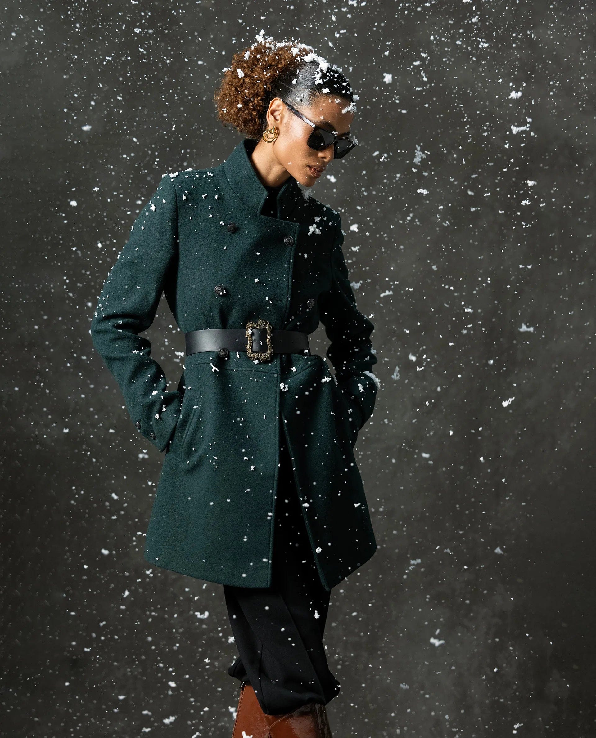 Rareism Women's Norint Dark Teal Polyester Blend Mandarin Collar Fitted Coat