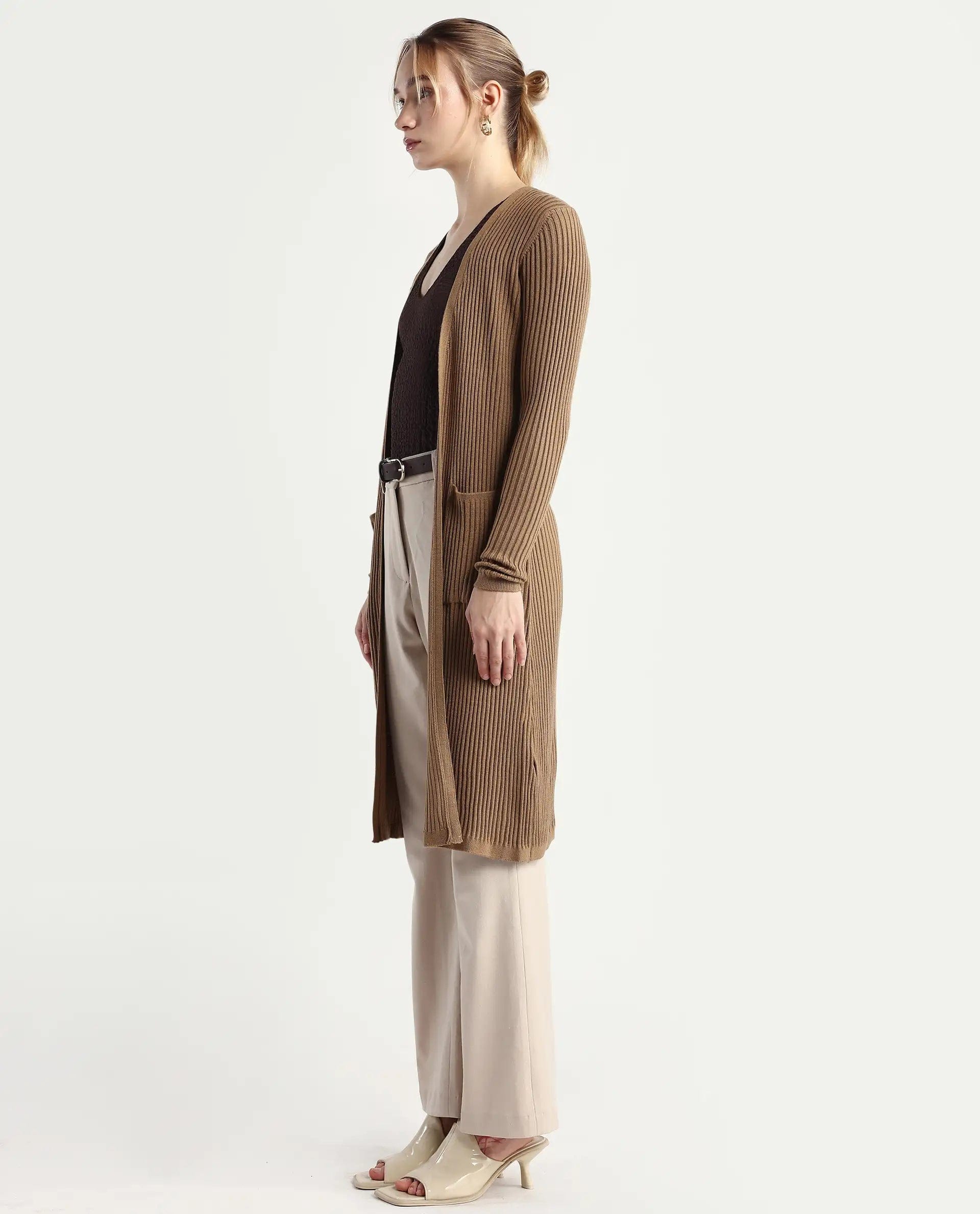 Rareism Women's Joji Dark Beige Acrylic Collarless Regular Fit Plain Shrug