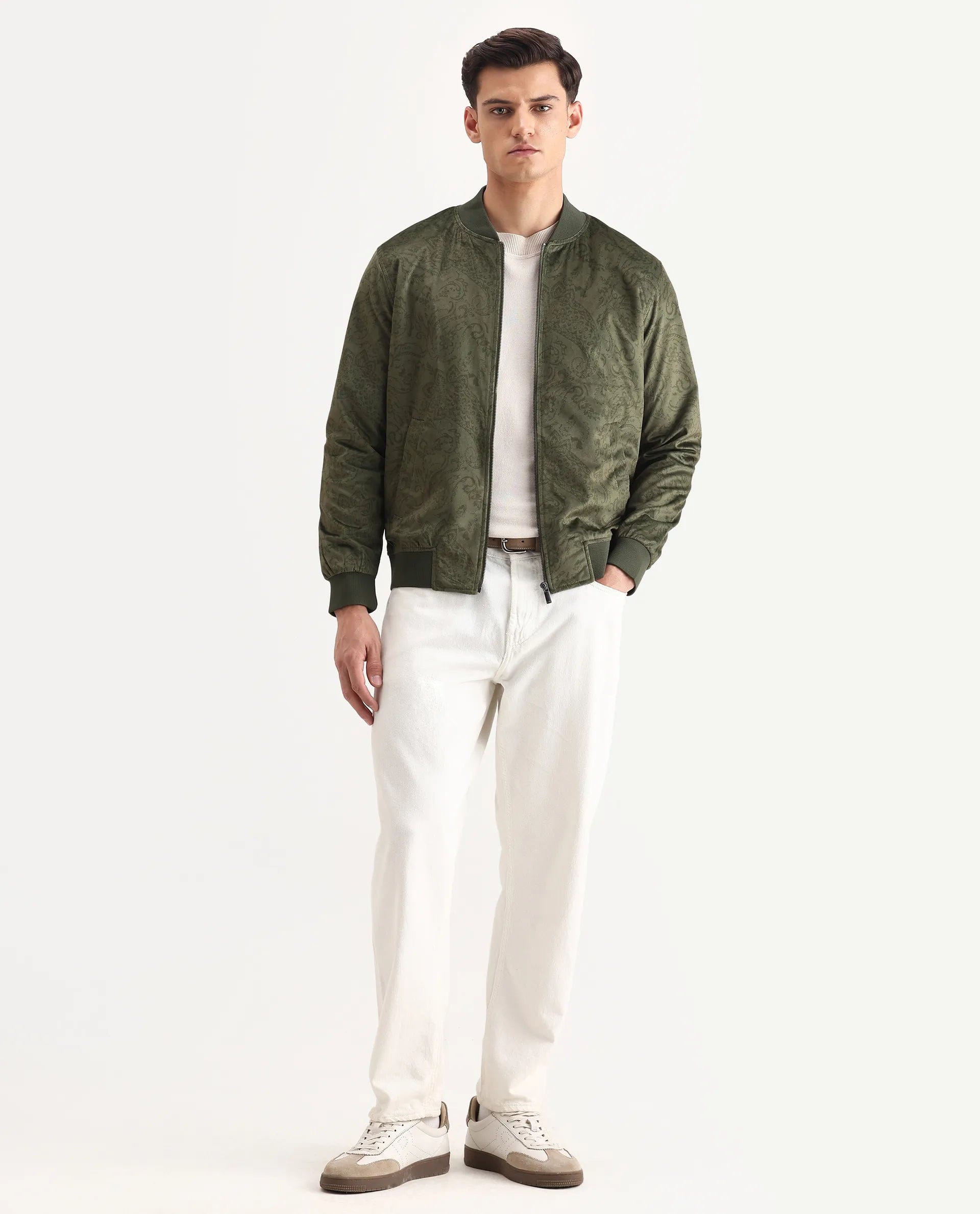 RARE Rabbit Men's Suedo Green Polyester Fabric Mandarin Collar Regular Fit Paisley Print Jacket