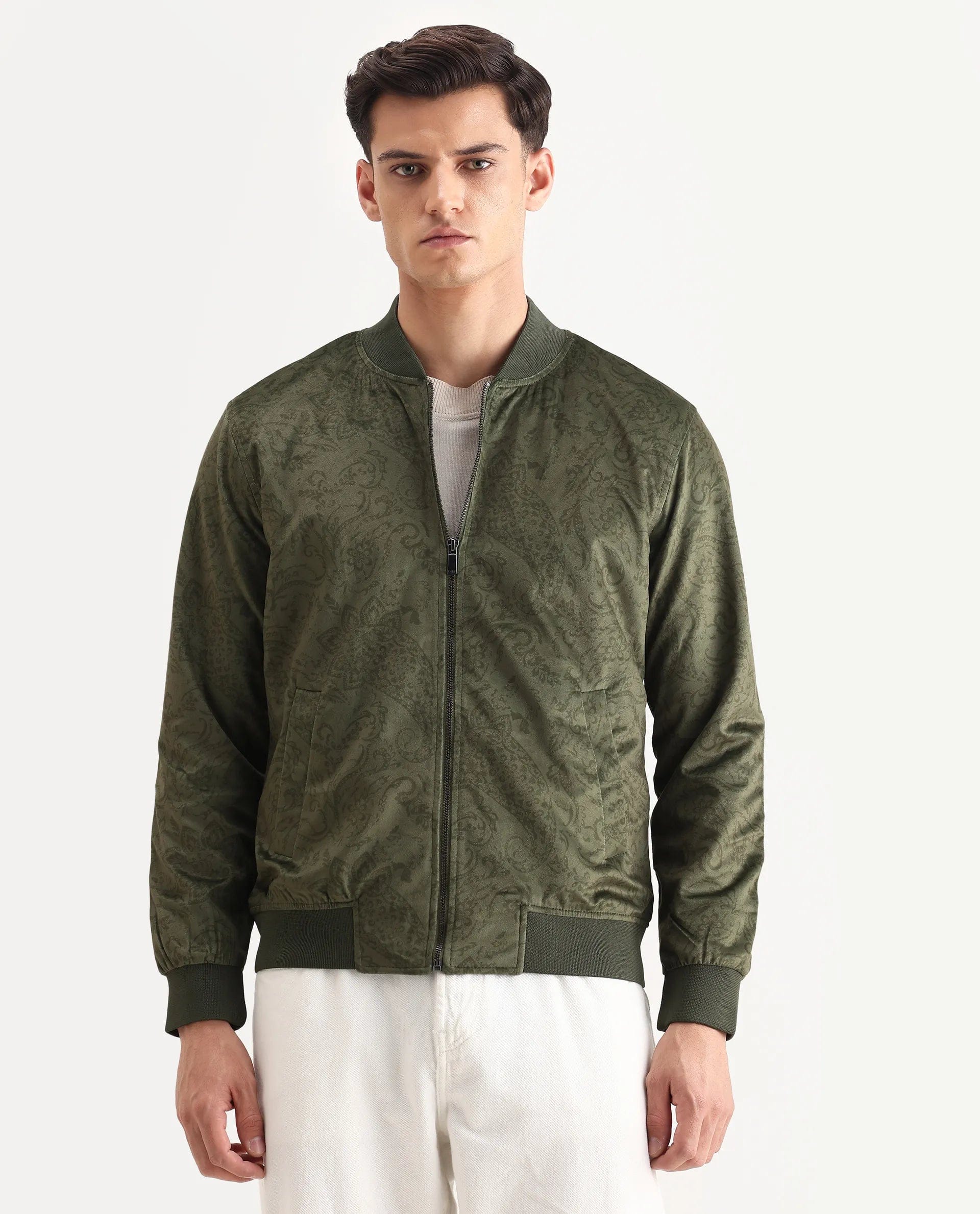 RARE Rabbit Men's Suedo Green Polyester Fabric Mandarin Collar Regular Fit Paisley Print Jacket