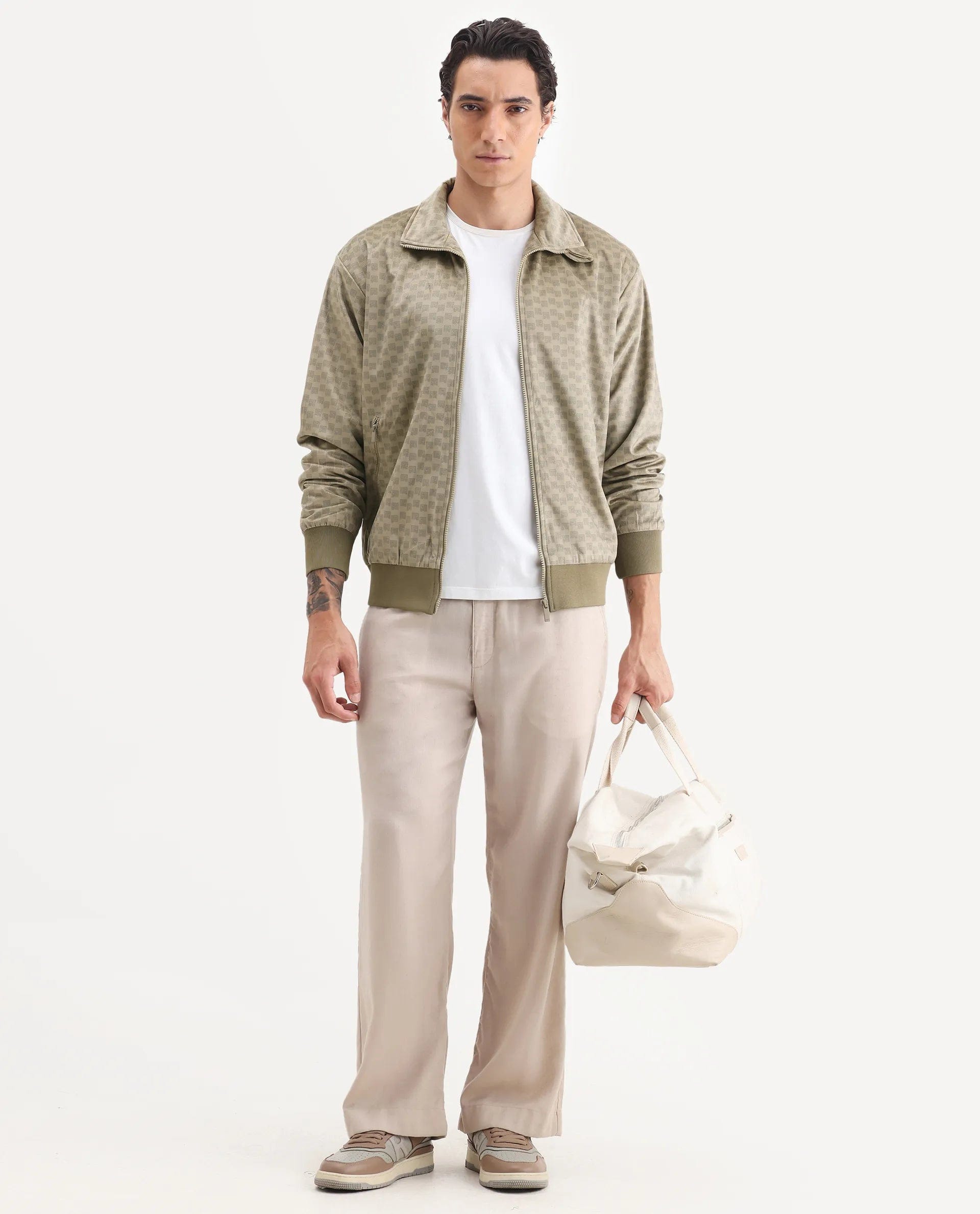 RARE Rabbit Men's Log Beige Polyester Blend Fabric Spread Collar Regular Fit Graphic Print Jacket