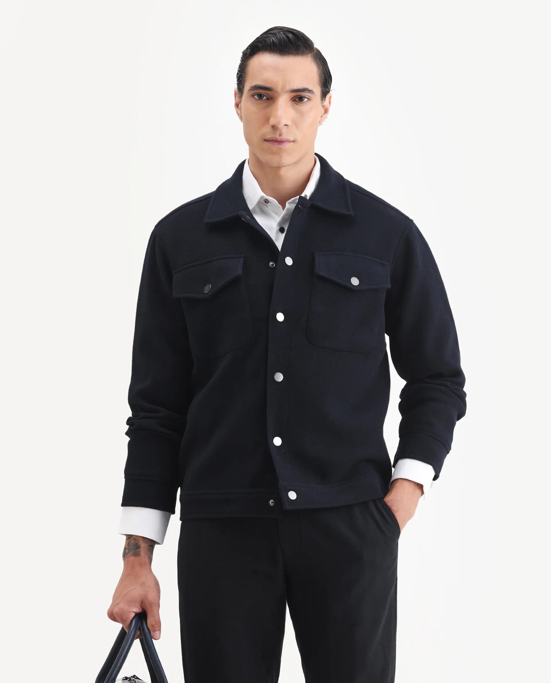RARE Rabbit Men's Tweedo - 25 Navy Olyester Textured Relaxed Fit Full Sleeve Spread Collar Jacket